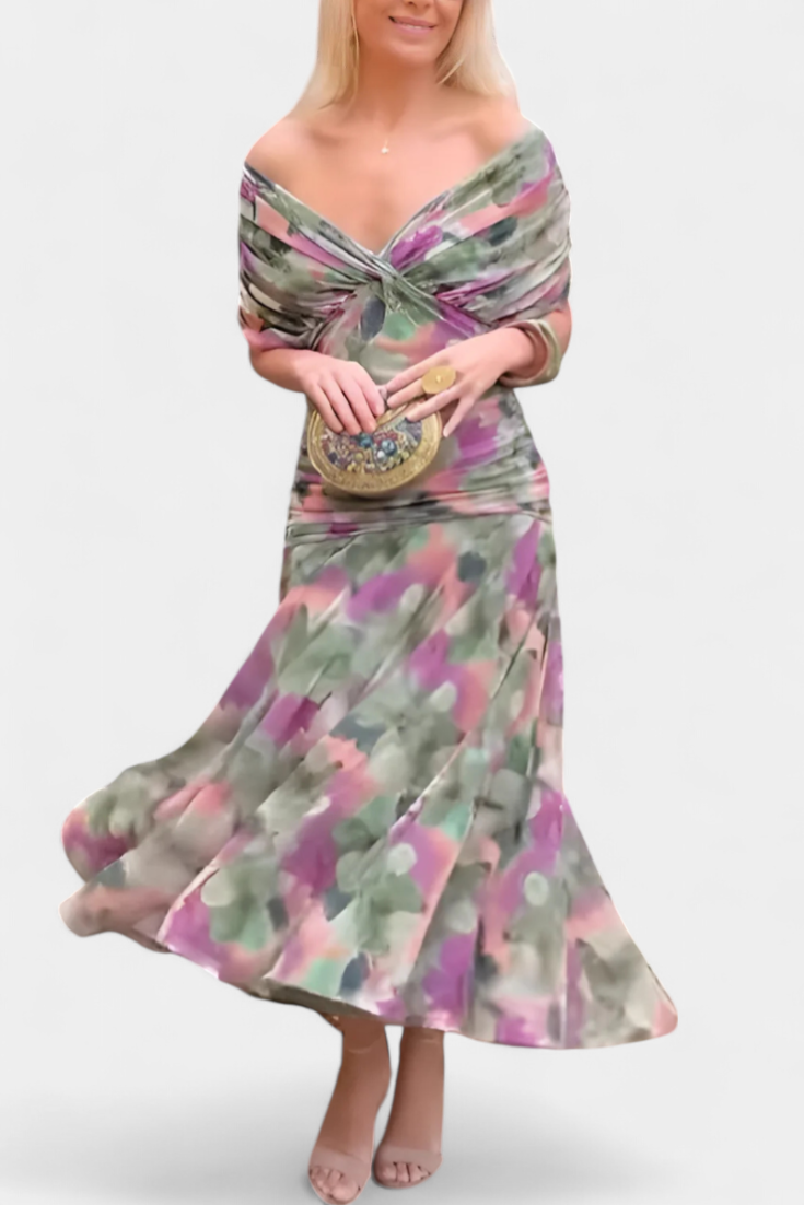 Long Floral Dress with V-Neckline and Romantic Elegance