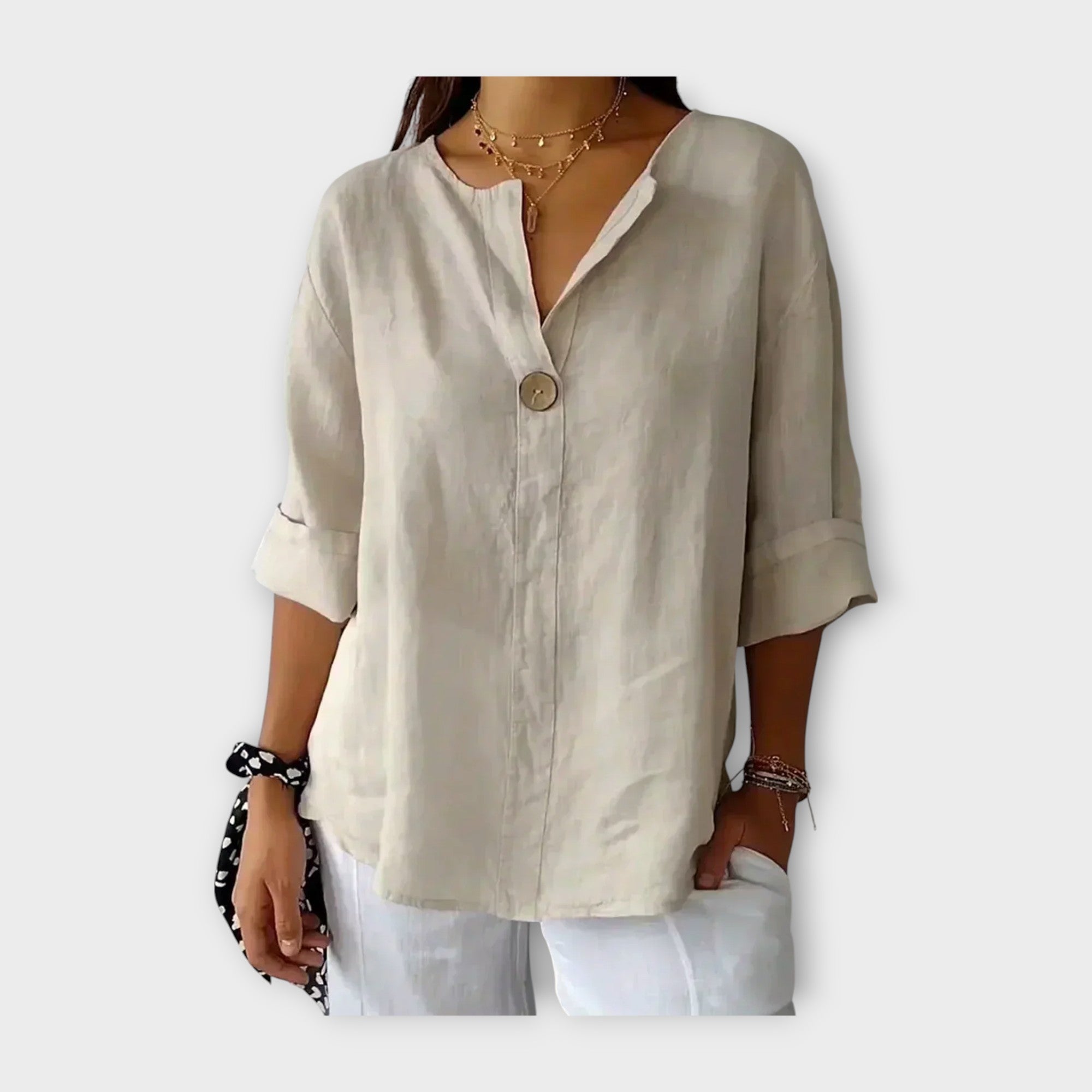 Linen Blouse with Button and V Neckline