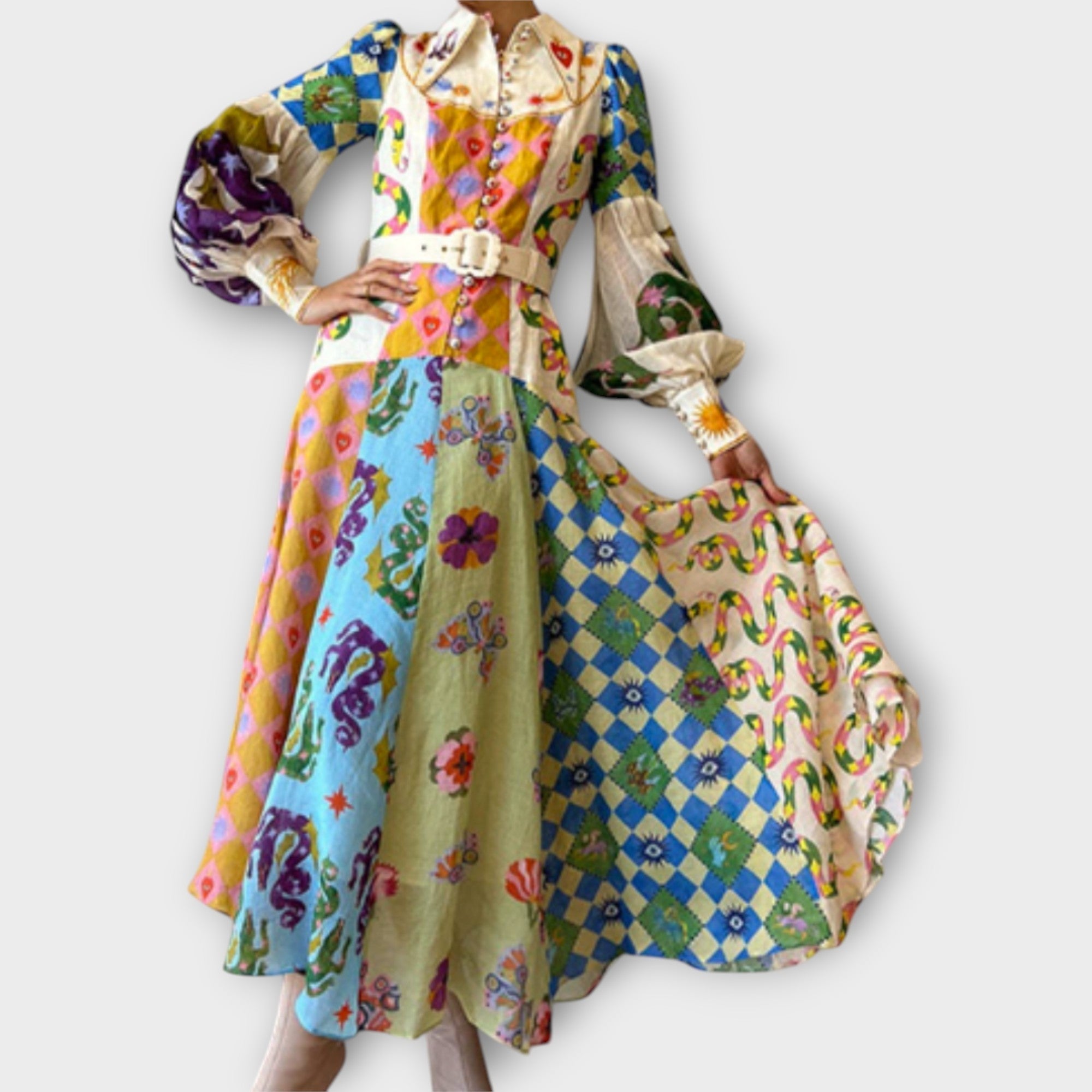 Maxi Dress with Belt & Puff Sleeves