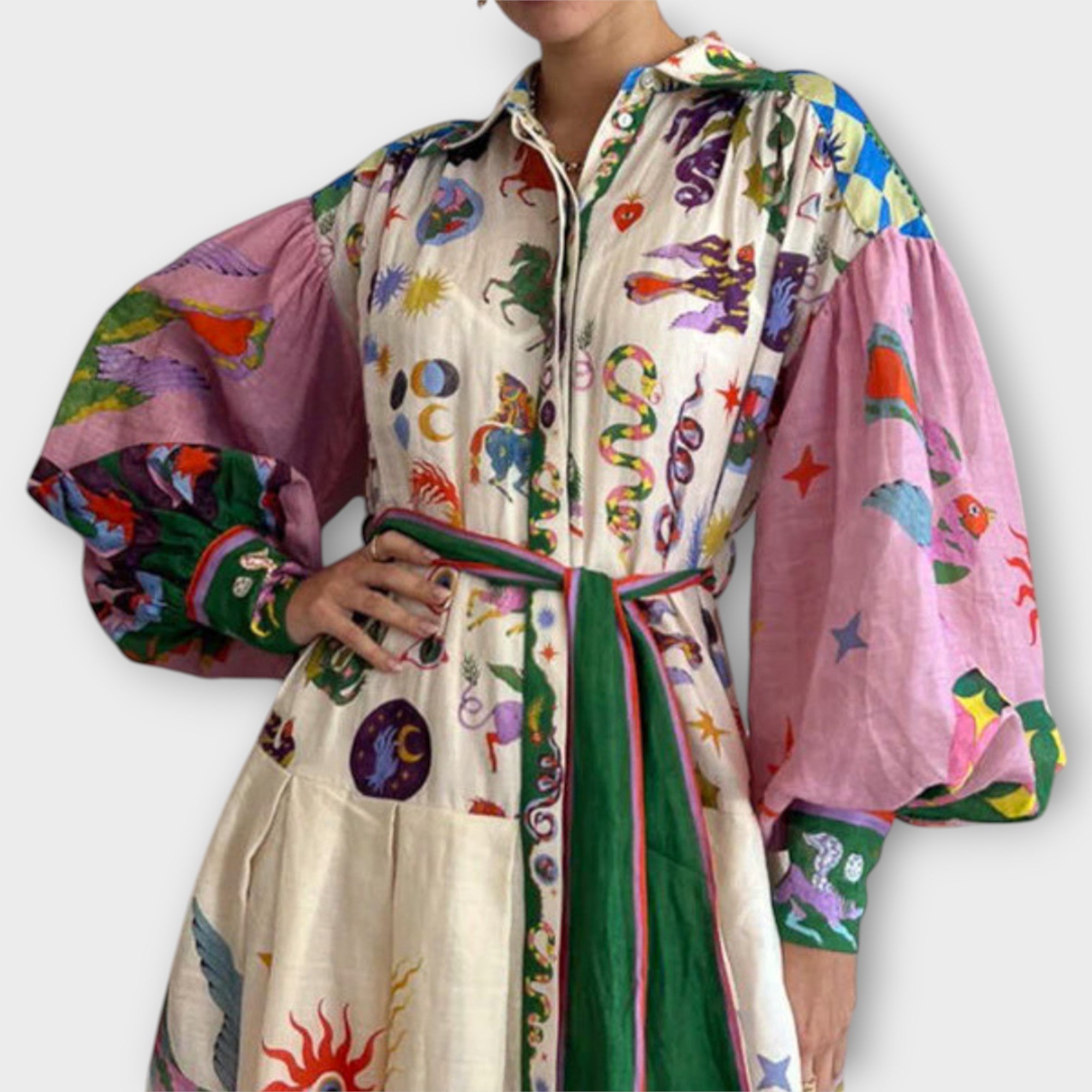 Maxi Dress with Belt & Puff Sleeves