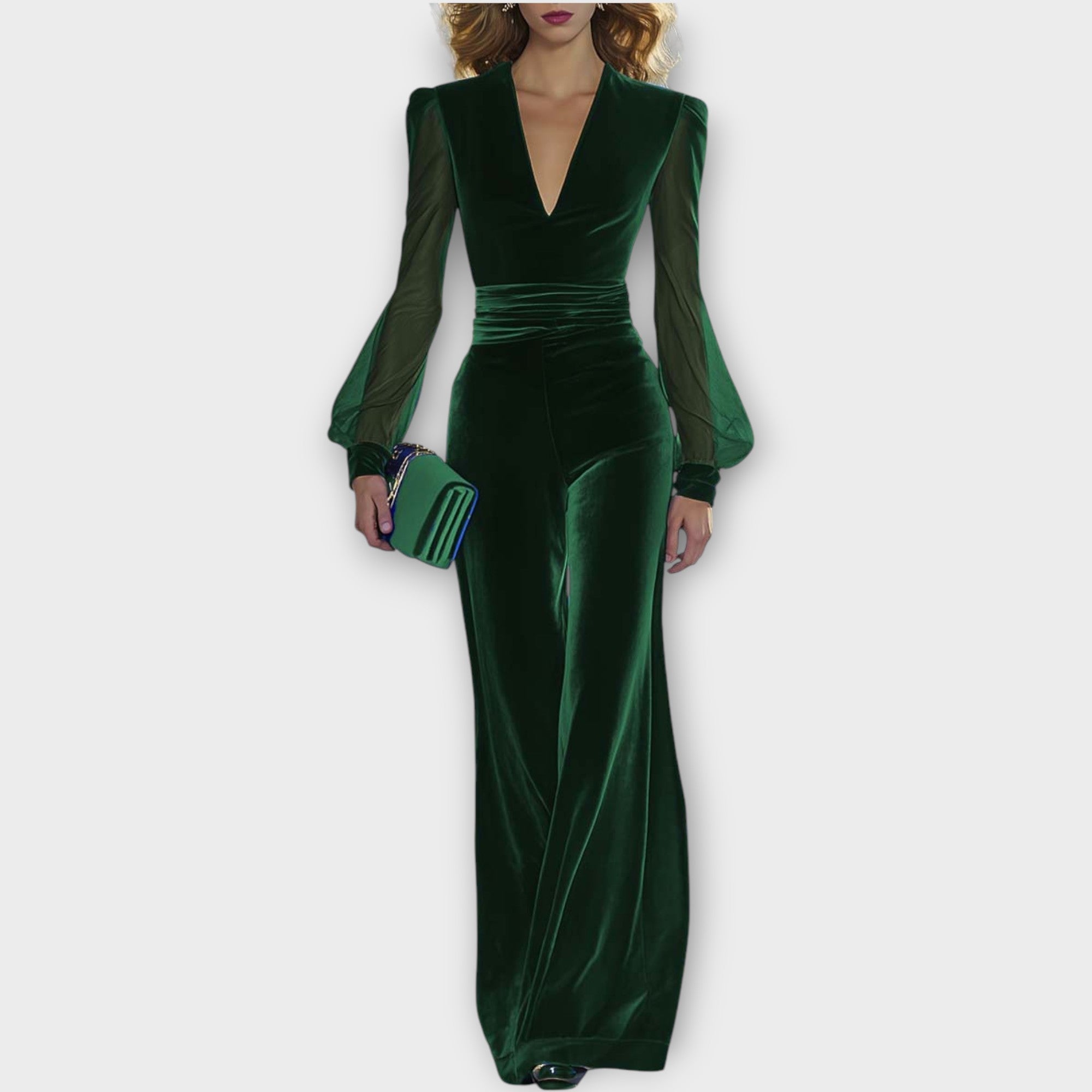 Velvet Wide-Leg Jumpsuit with Sheer Sleeves