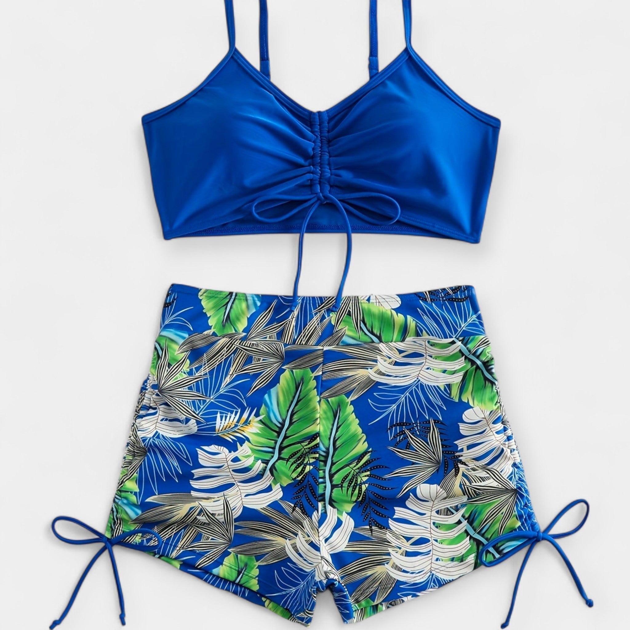 High-Waisted Bikini with Tropical Print and Straps