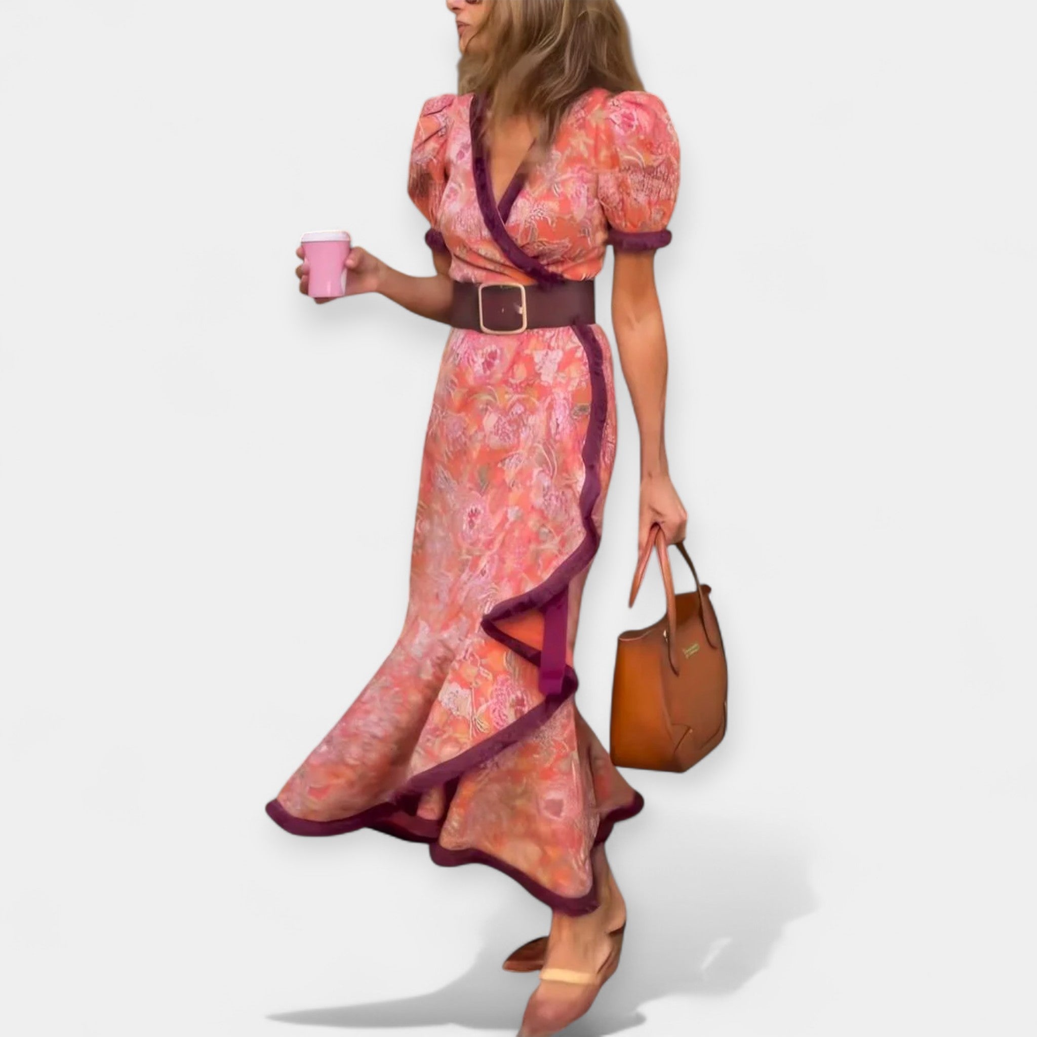 Romantic Dress with Belt and Satin Ruffles