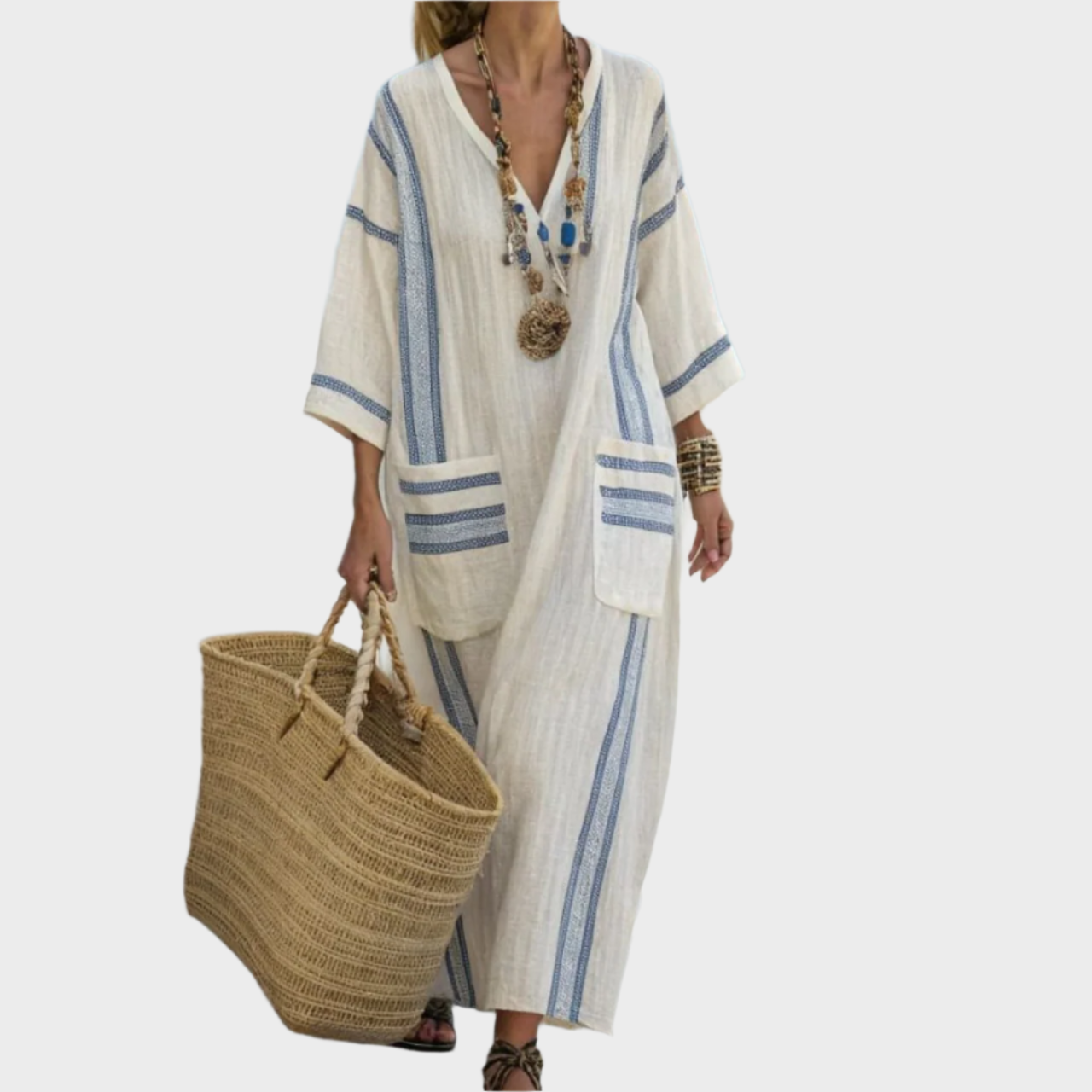 Kaftan with Stripes and Oversized Pockets