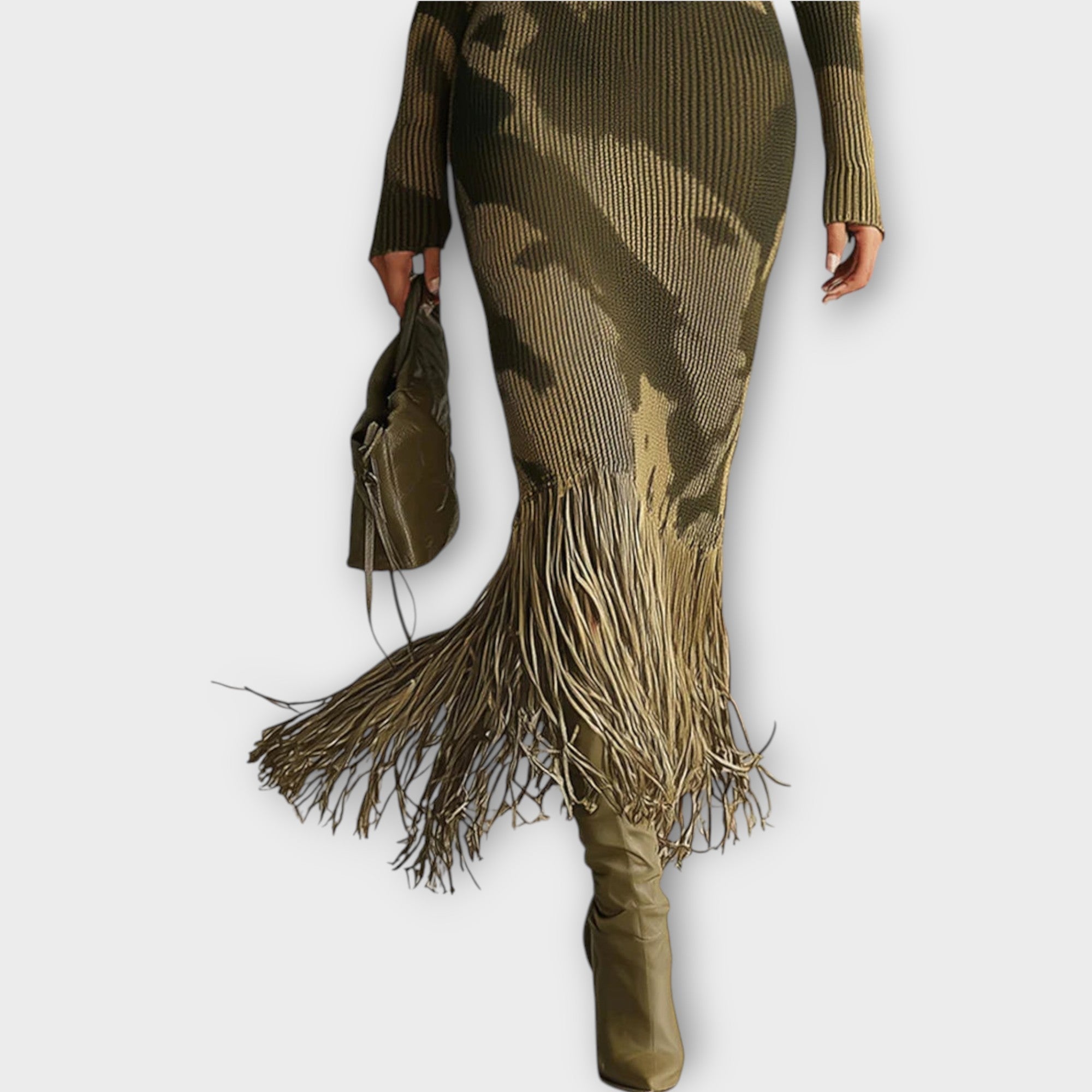 Fringe Hem Knit Maxi Dress