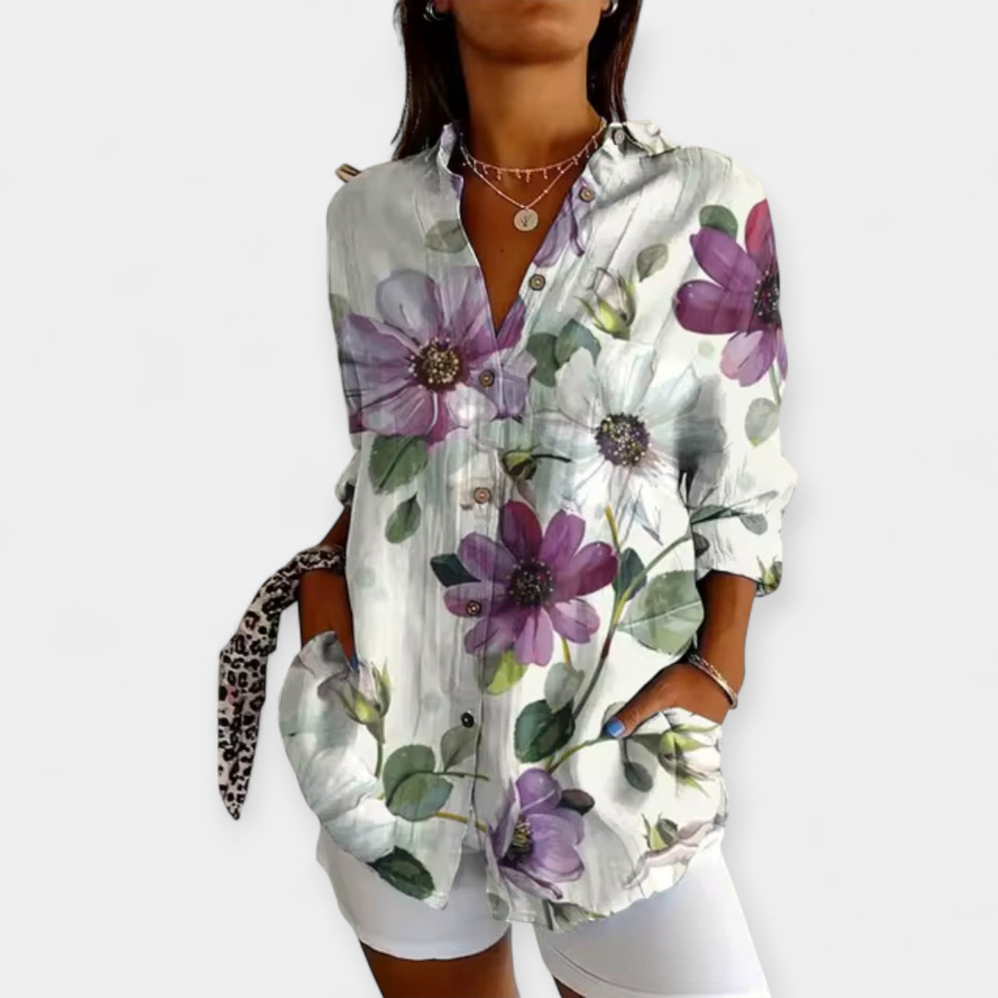 Button-Up Blouse with Floral Design