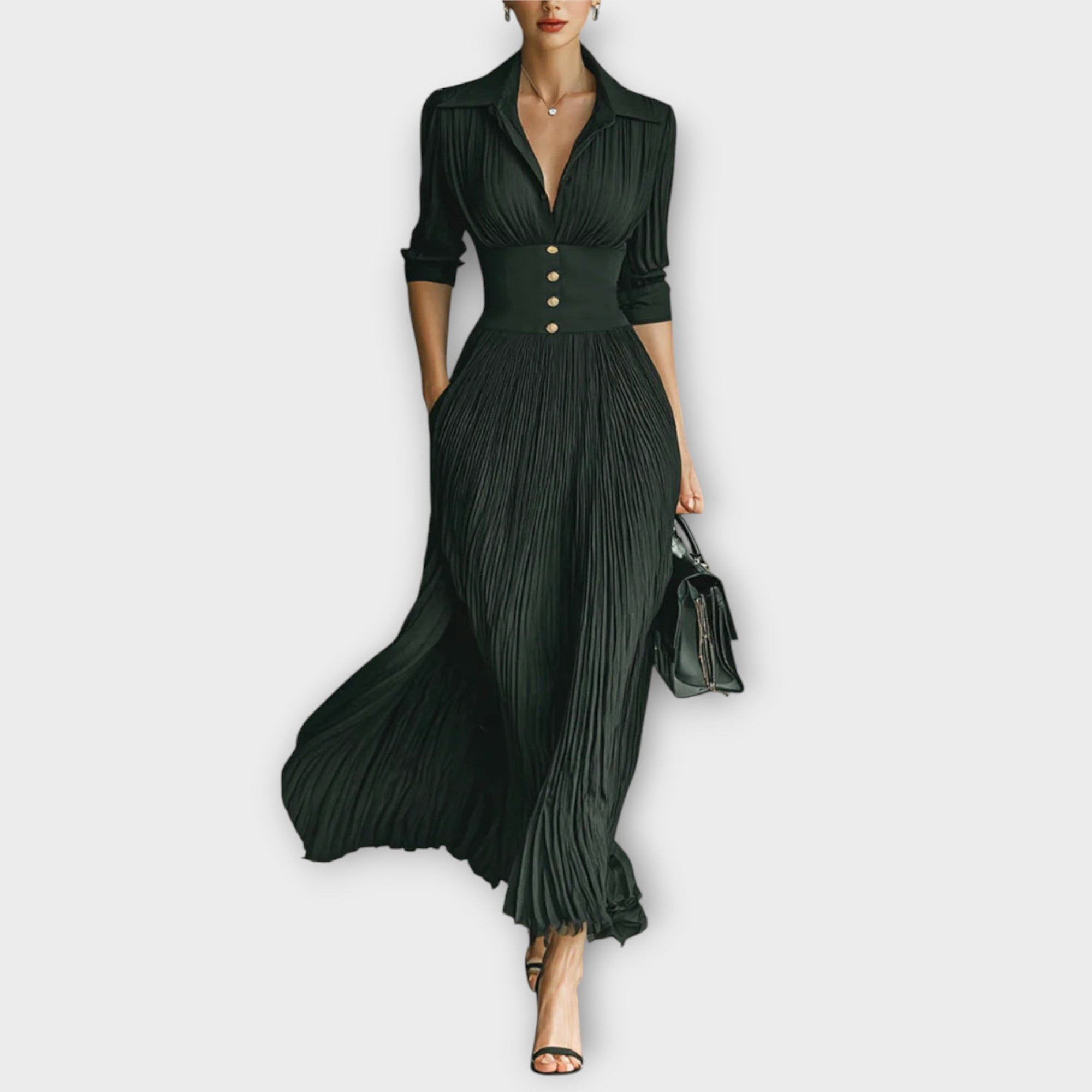Elegant Pleated Lapel Waisted Long-sleeved Maxi Dress
