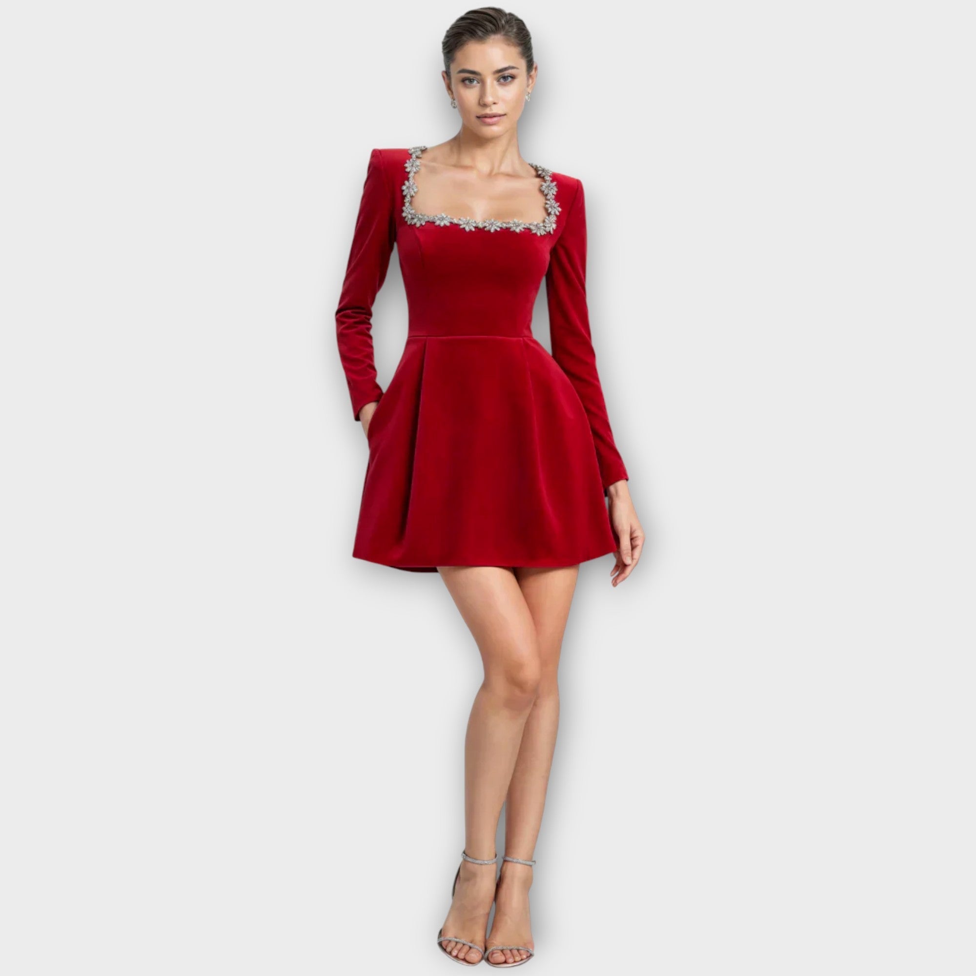 Crystal-Embellished Square Neck Mini Dress