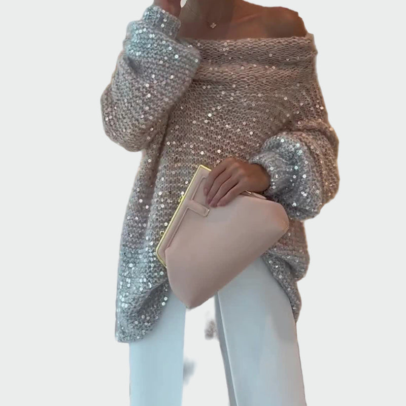 Knitted Turtleneck Sparkling Off-Shoulder Sequin Knit