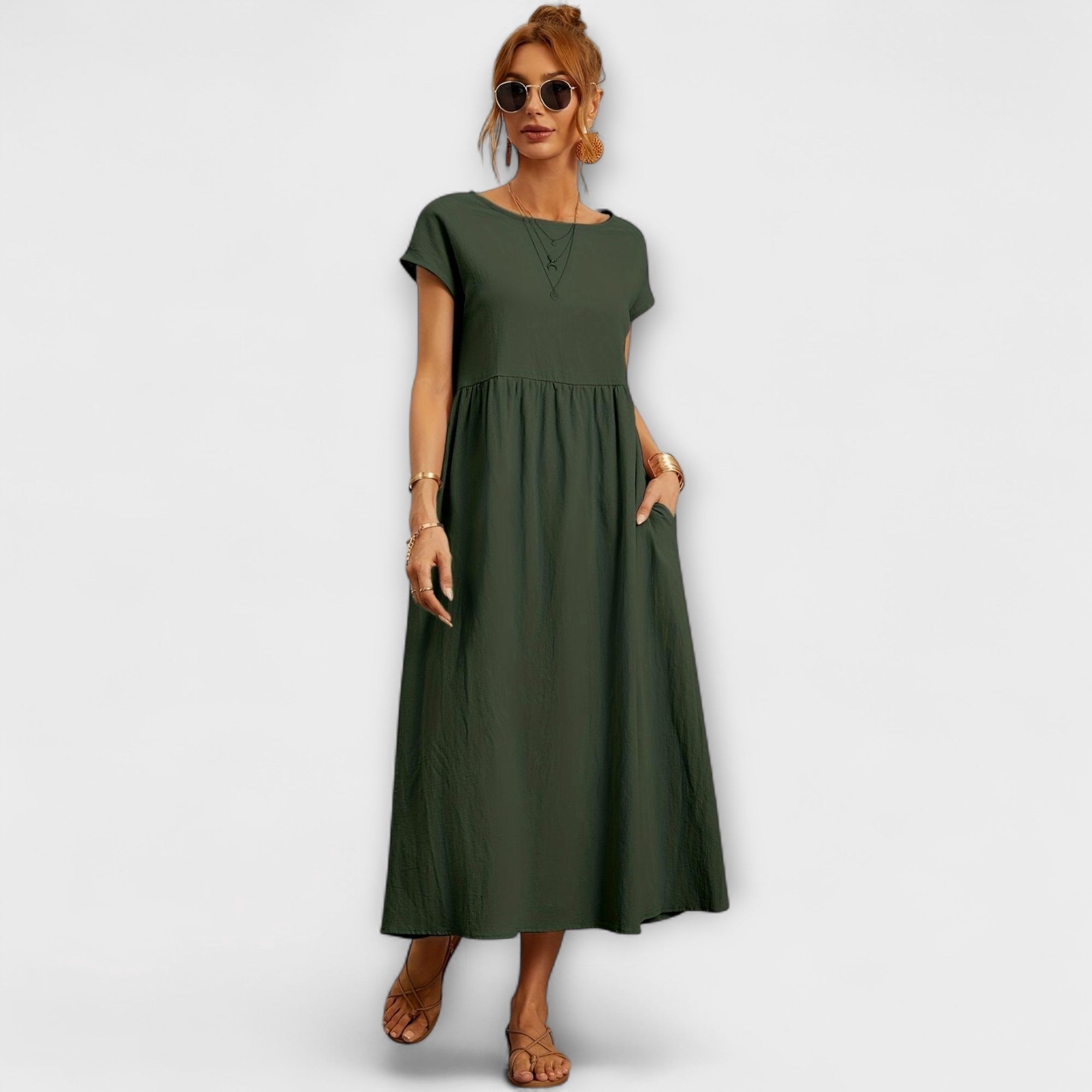 Midi Dress with Simple Line and Side Pockets