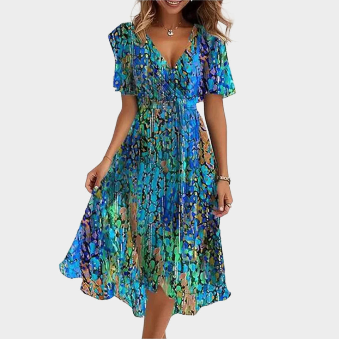 Retro Printed Dress with Wrap Neckline