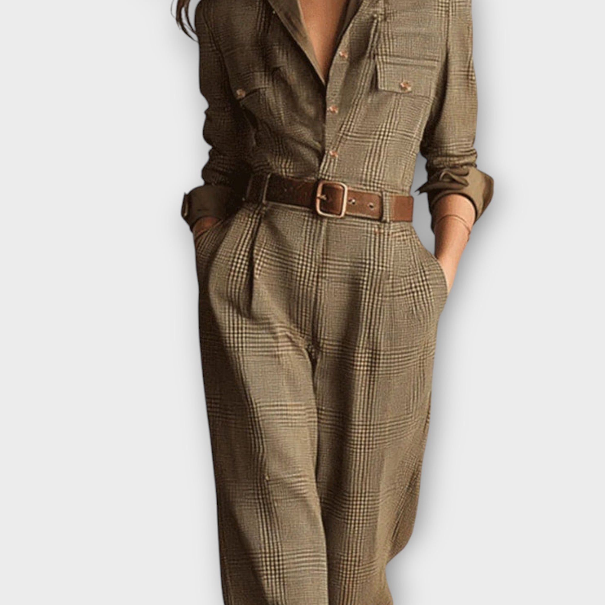 Tailored Plaid Belted Jumpsuit