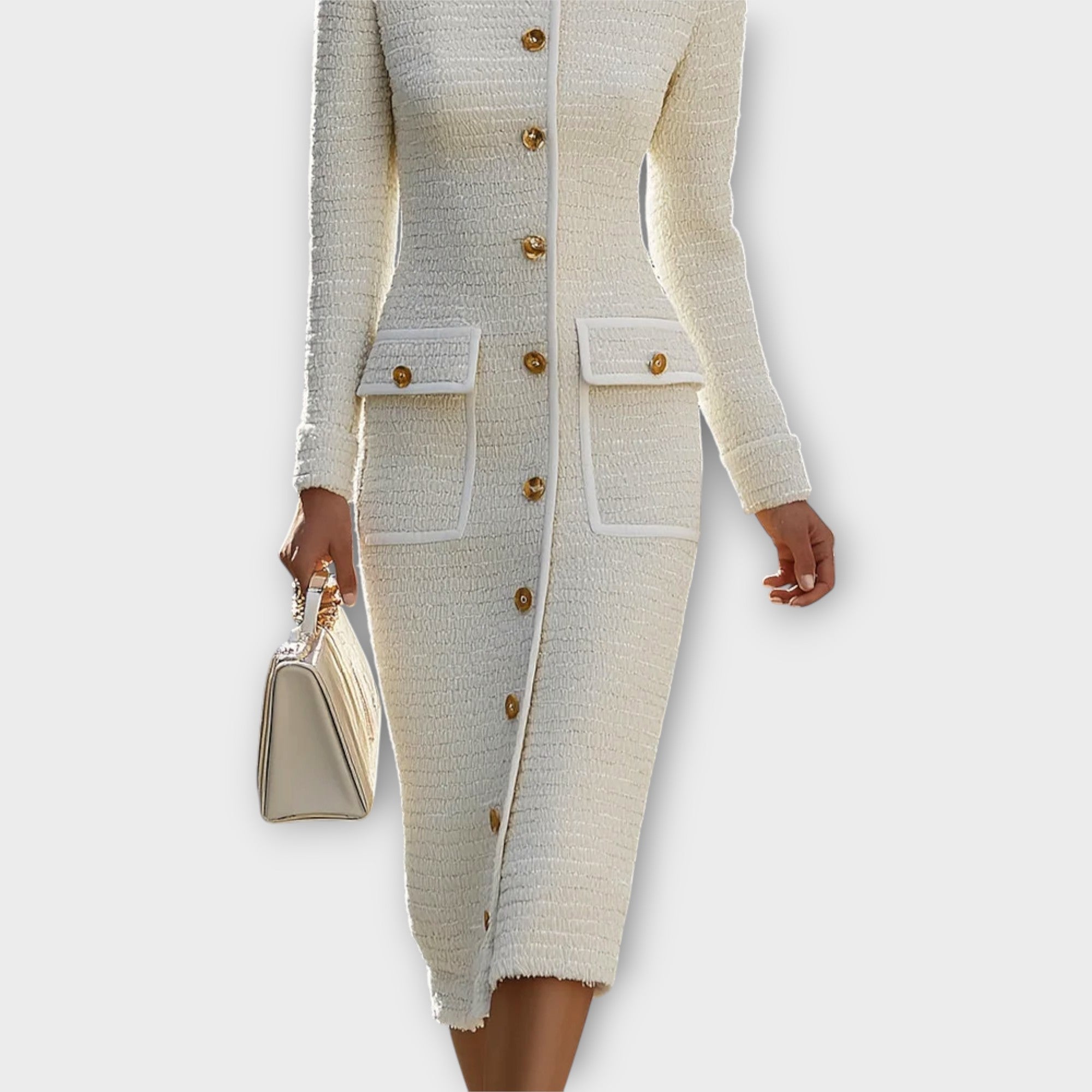 Elegant Button-Front Tweed Midi Dress