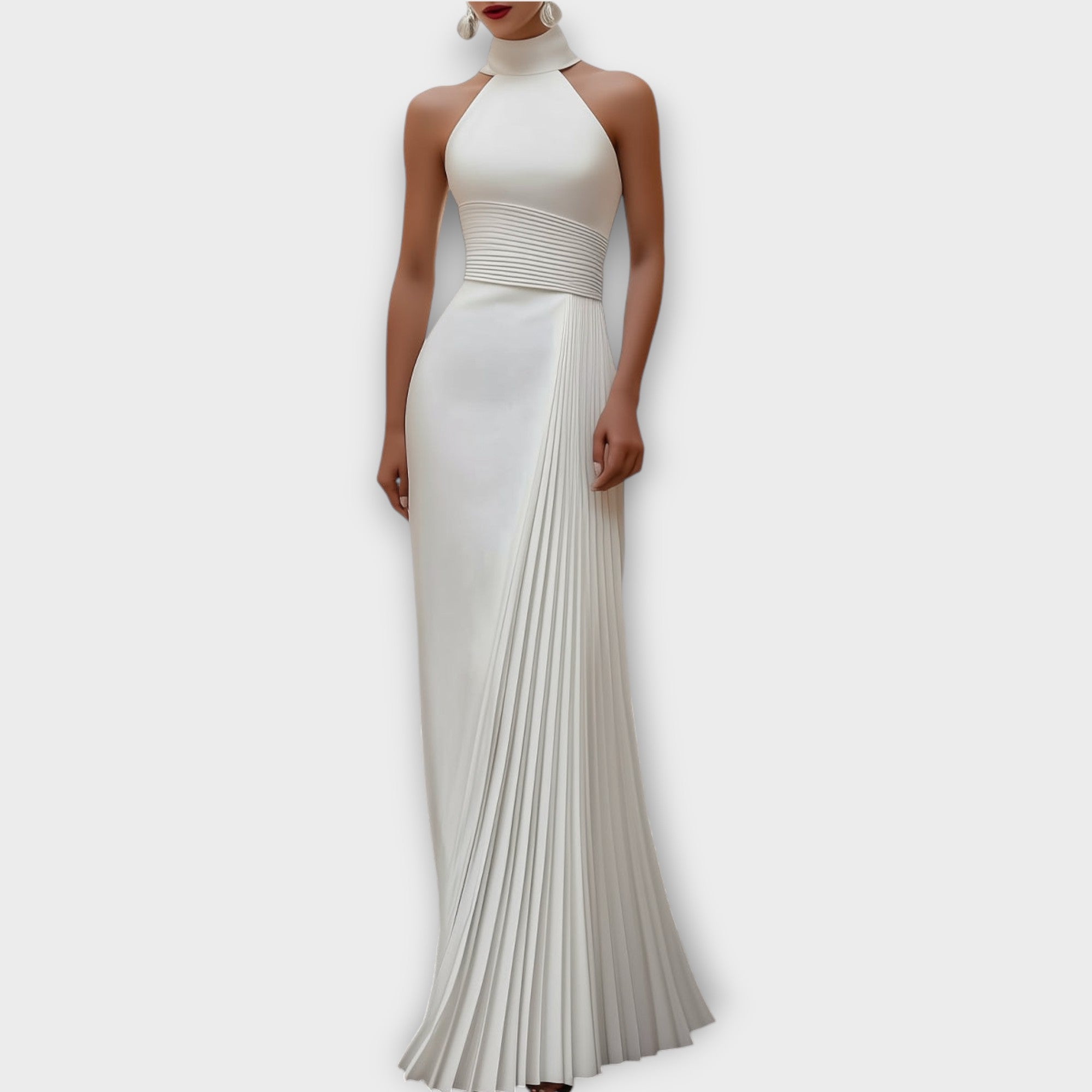 Elegant Satin Pleated Halter-Neck Evening Gown