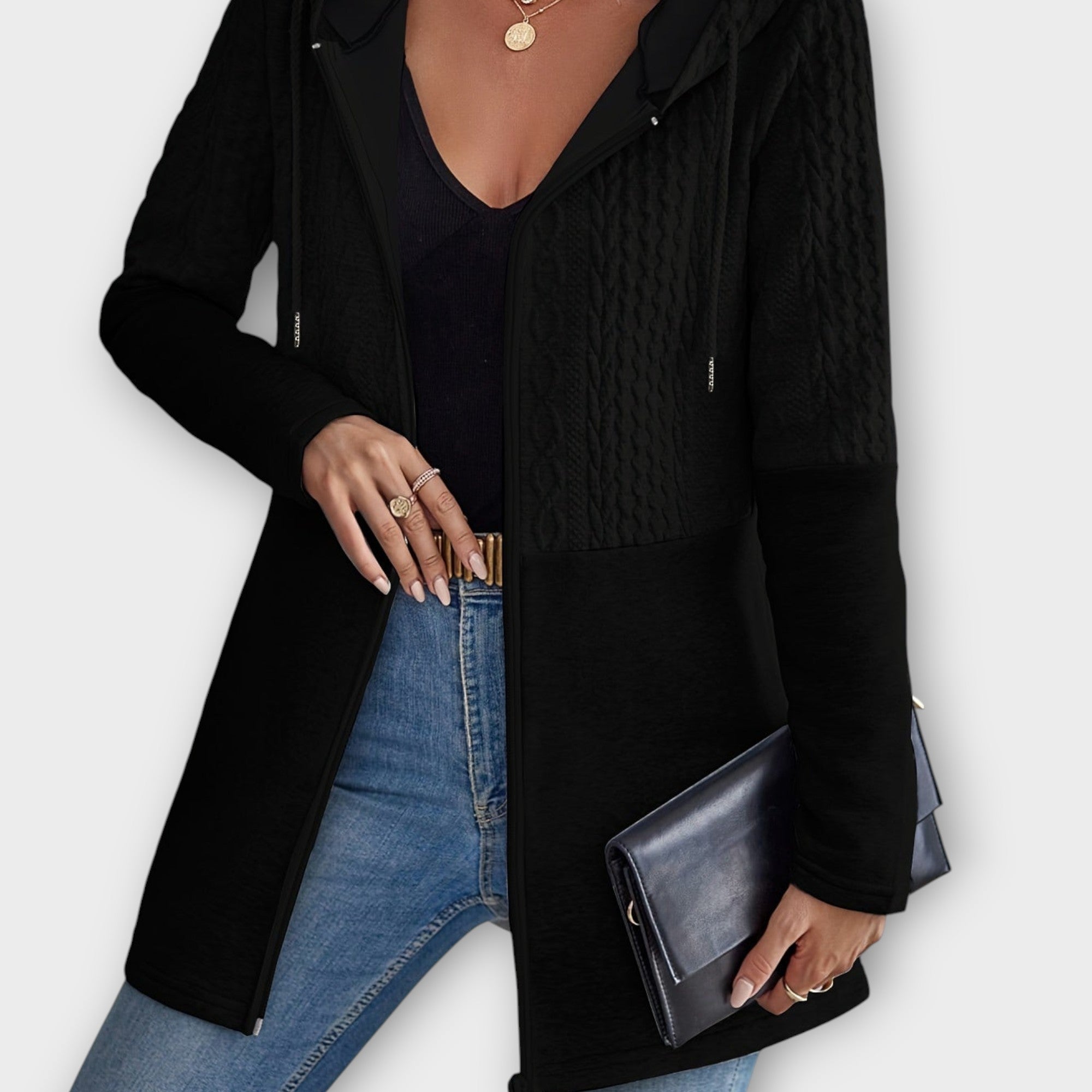 Textured Zip-Up Hooded Cardigan