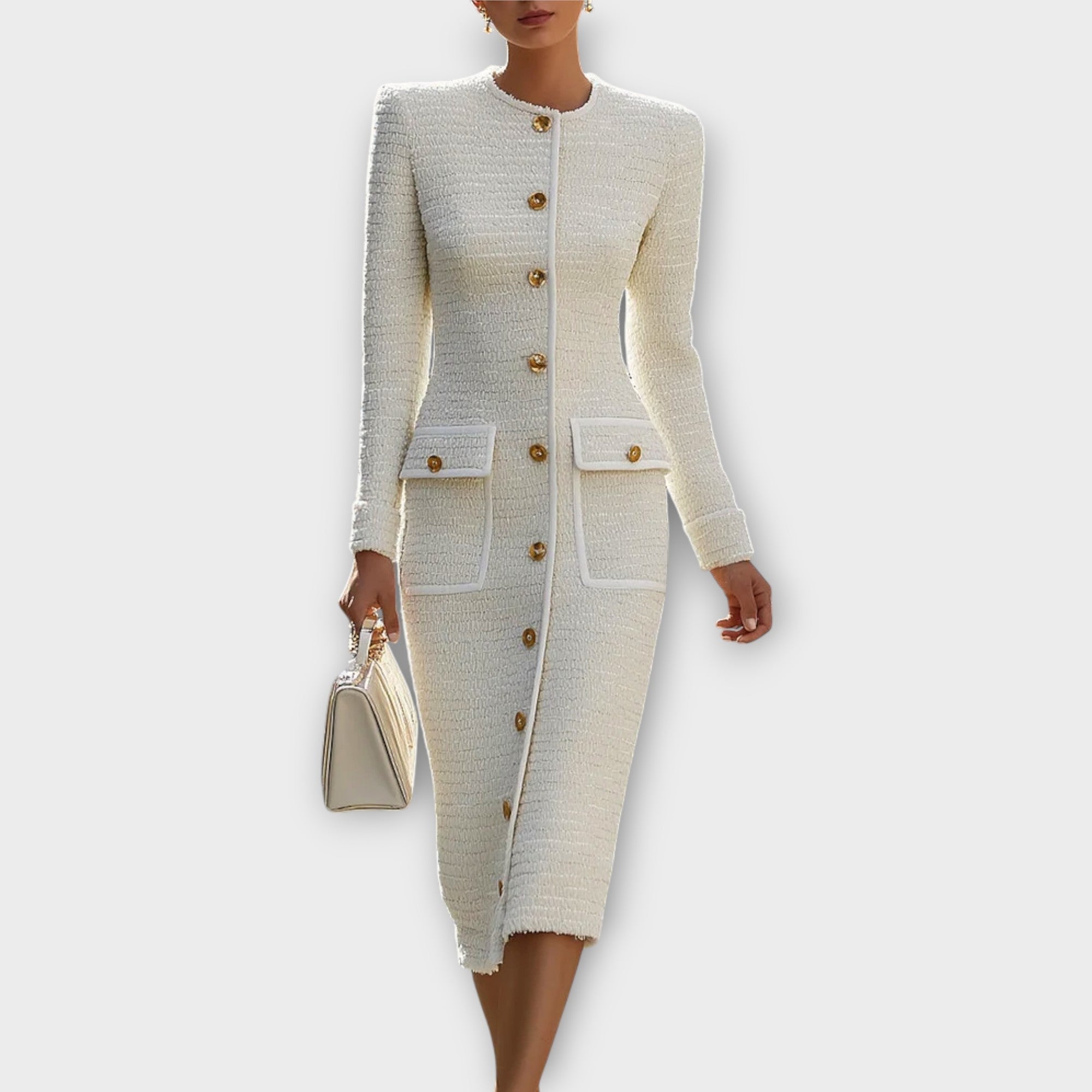 Elegant Button-Front Tweed Midi Dress