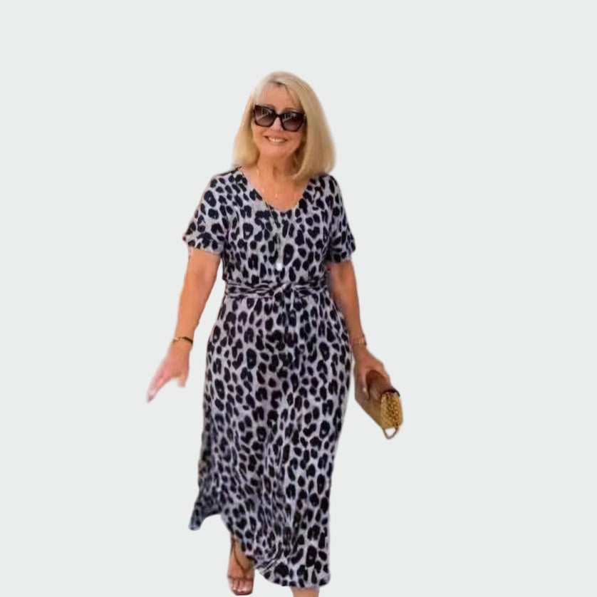 Dress with Leopard Print and Impressive V-Shaped Neckline