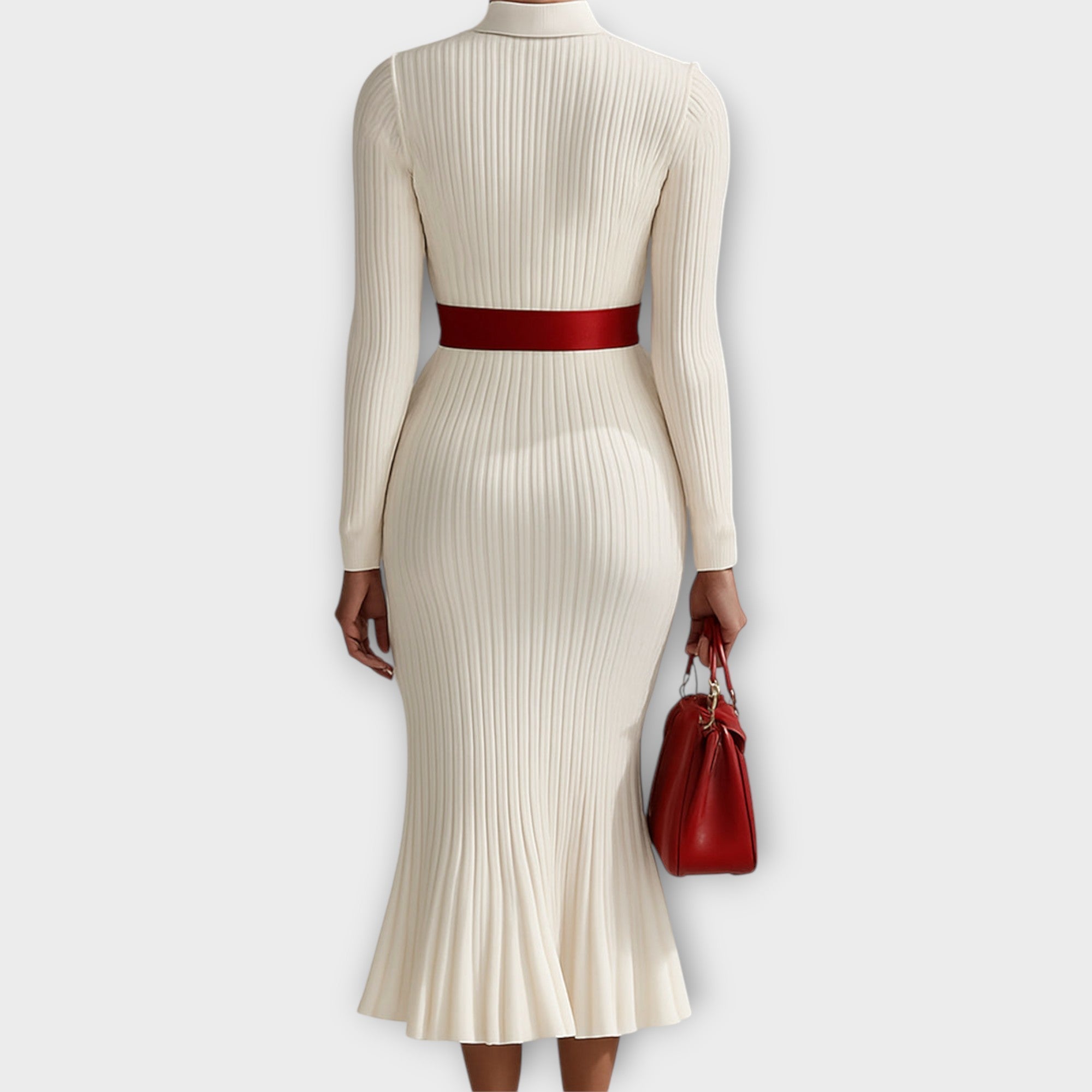 Elegant Ribbed Knit Midi Dress with Gold Button Detail