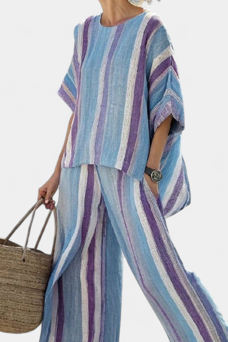 Elegantne triibuline karikakardekomplekt sirelililla ja helesinise toonides peene ilmega