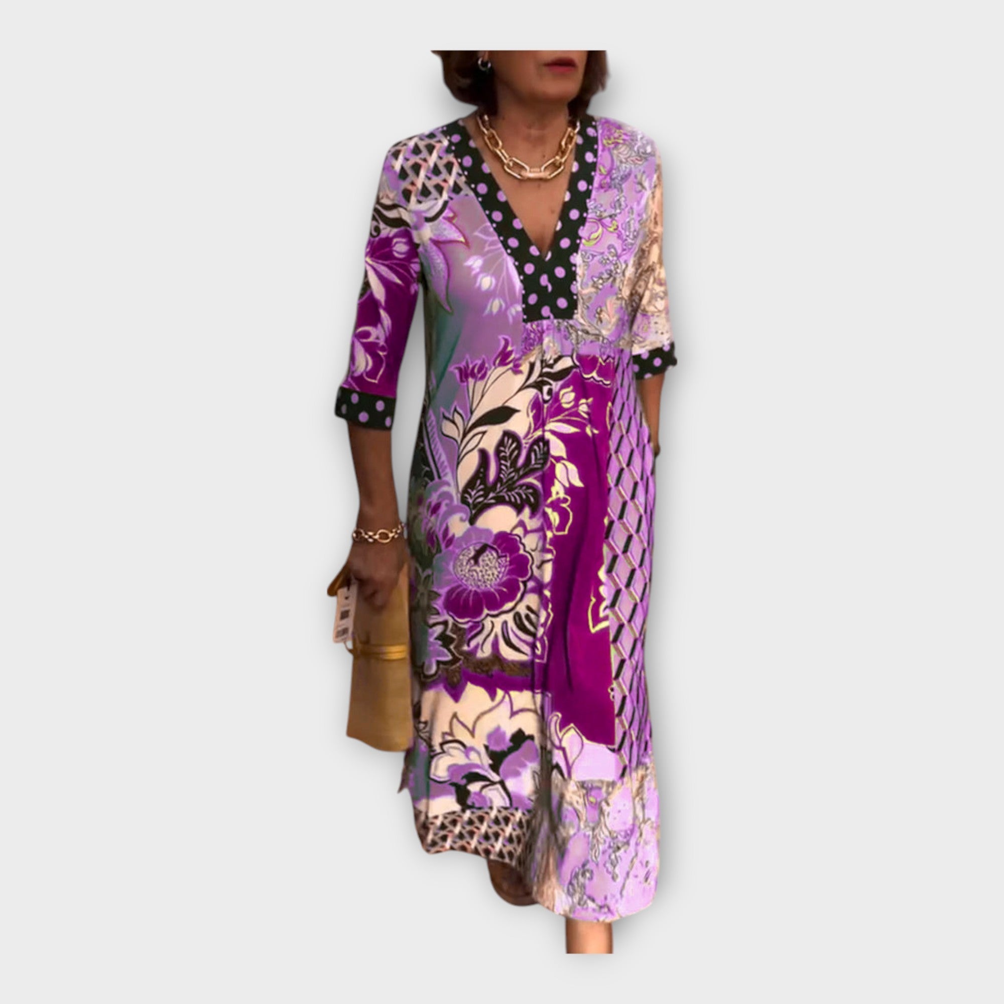 Multicoloured Dress with Buttons and 3/4 Sleeves