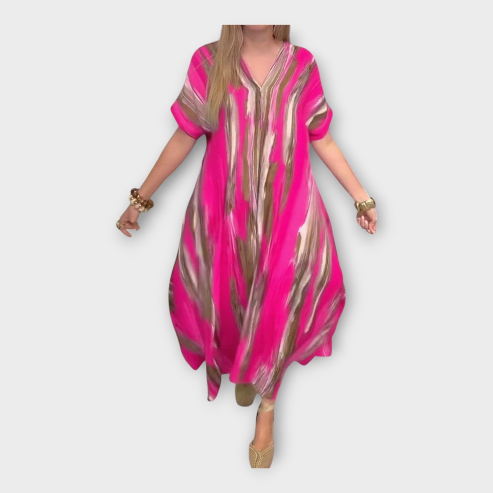 Long Kaftan with V Neckline and Wide Sleeves