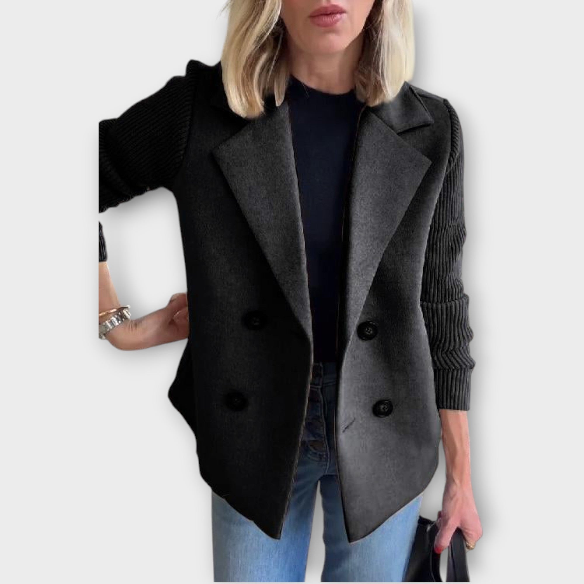 Double-Breasted Knit-Sleeve Blazer