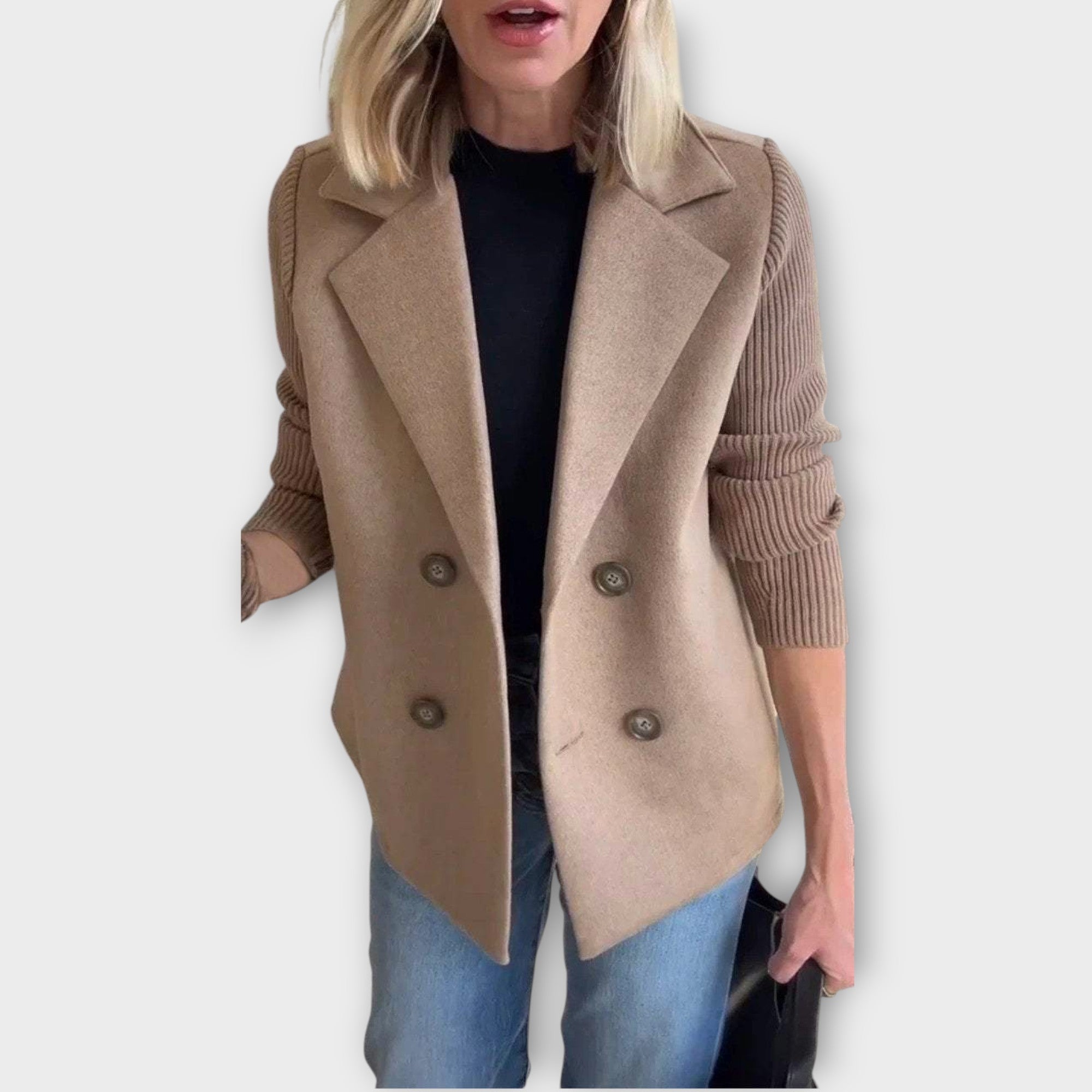 Double-Breasted Knit-Sleeve Blazer