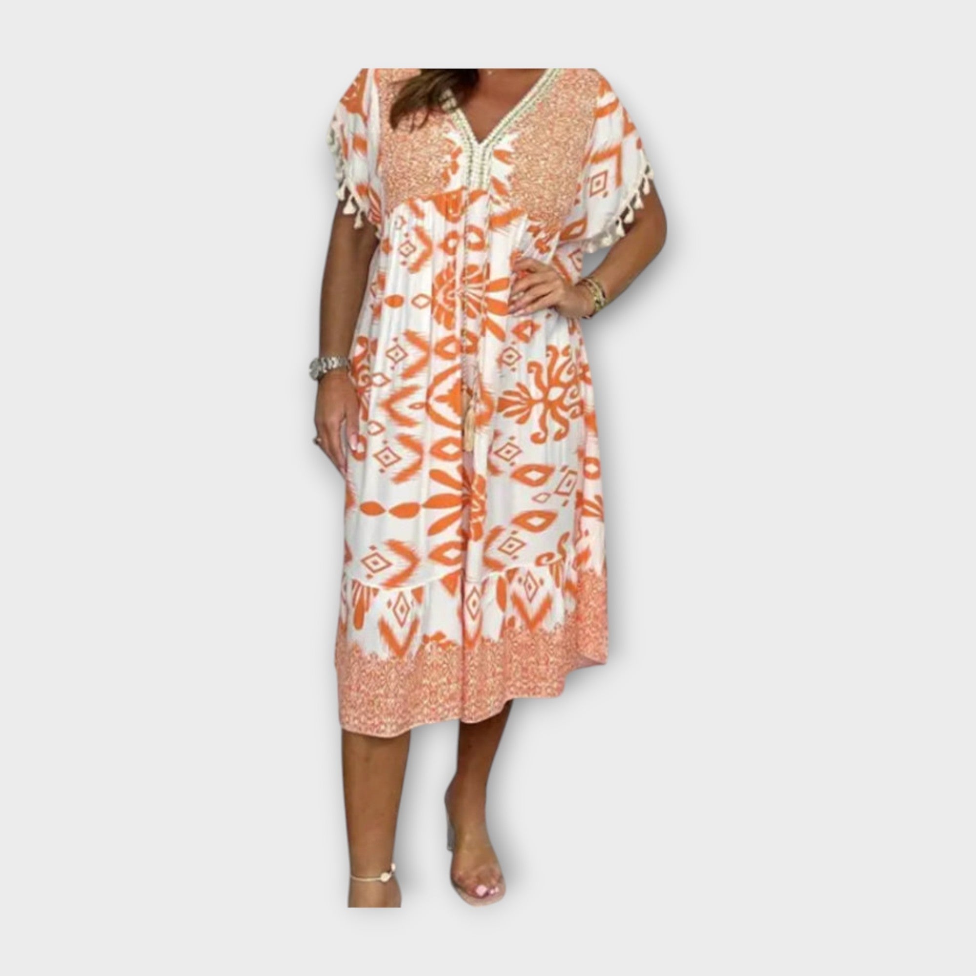 Knee-Length Kaftan with Patterns and Drawstring