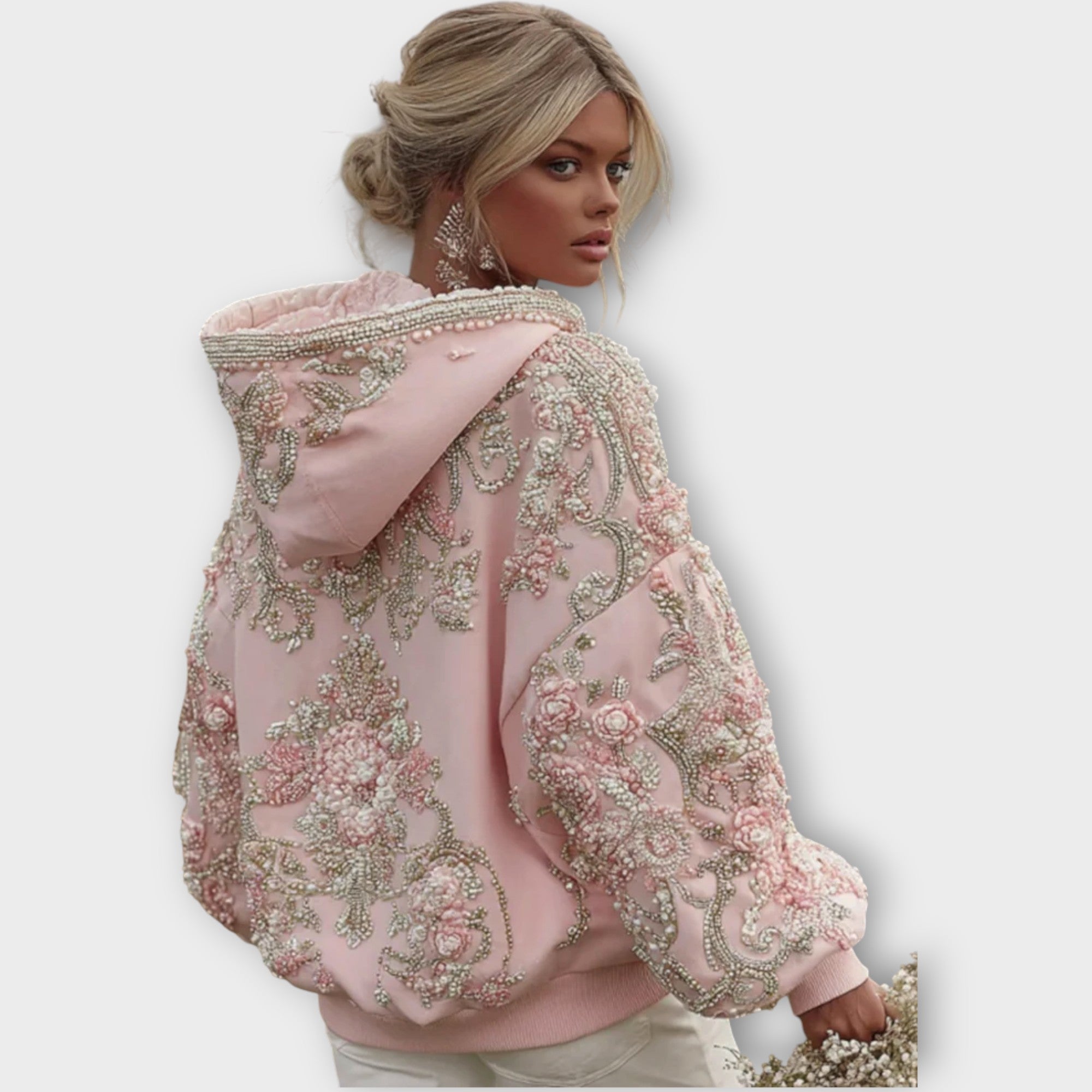Luxury Pearl Embellished Pink Couture Hoodie