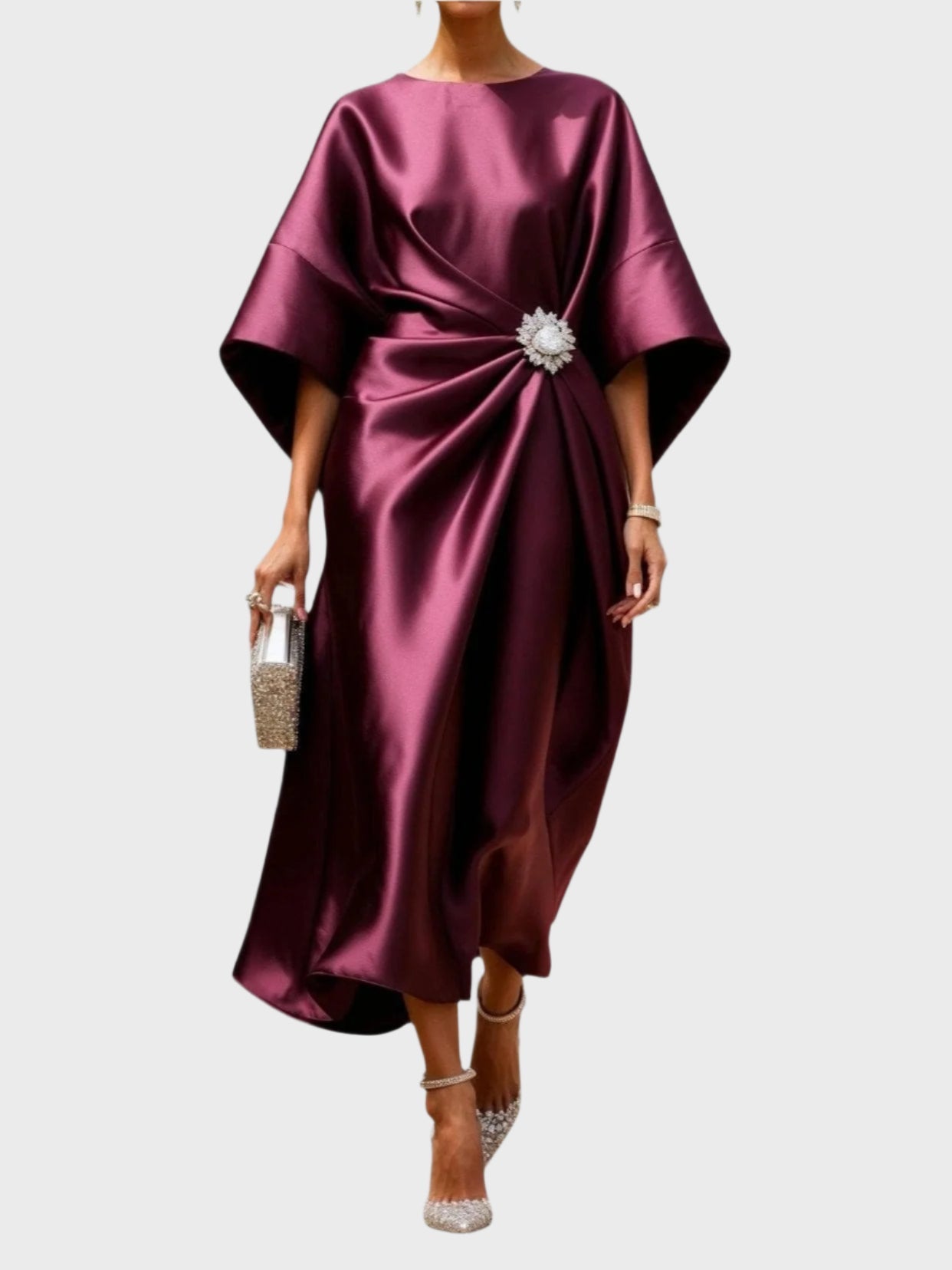 Satin Dress with Side Pleat and Decorative Buckle