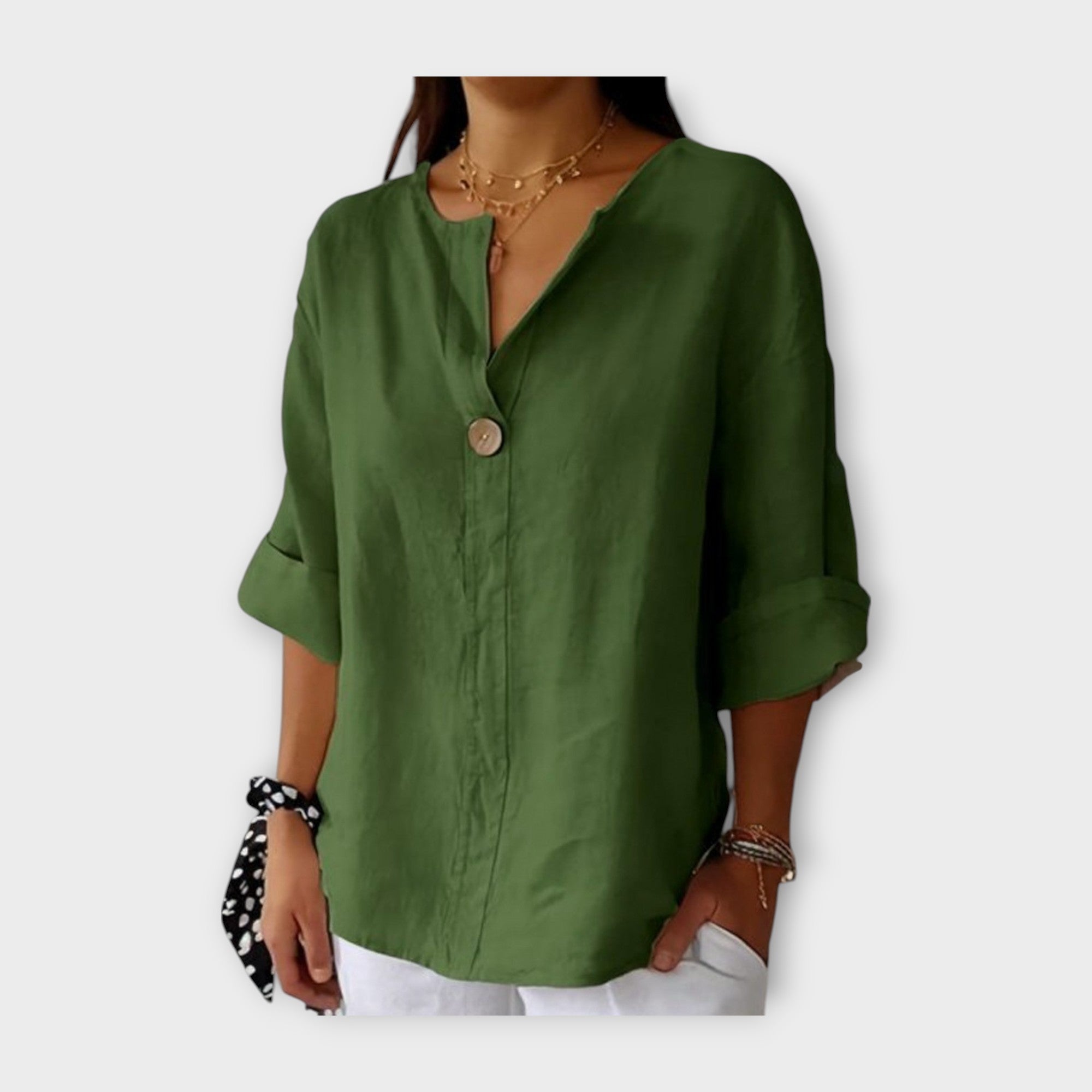 Linen Blouse with Button and V Neckline
