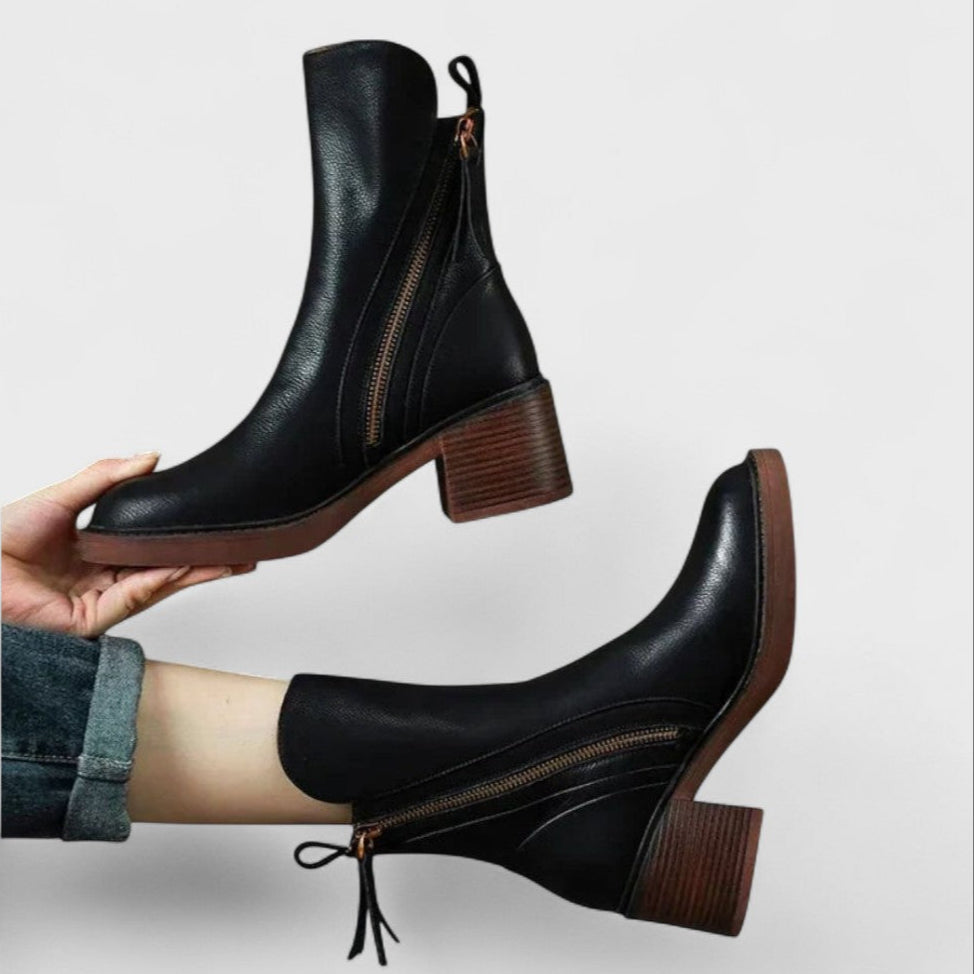 Classic Ankle Boots with Side Zipper and Block Heel
