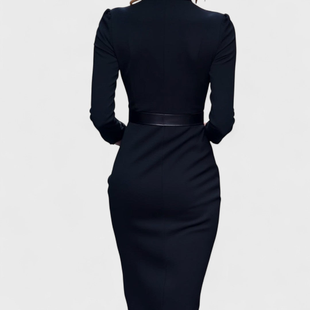 Refined black dress with belt and mandarin collar
