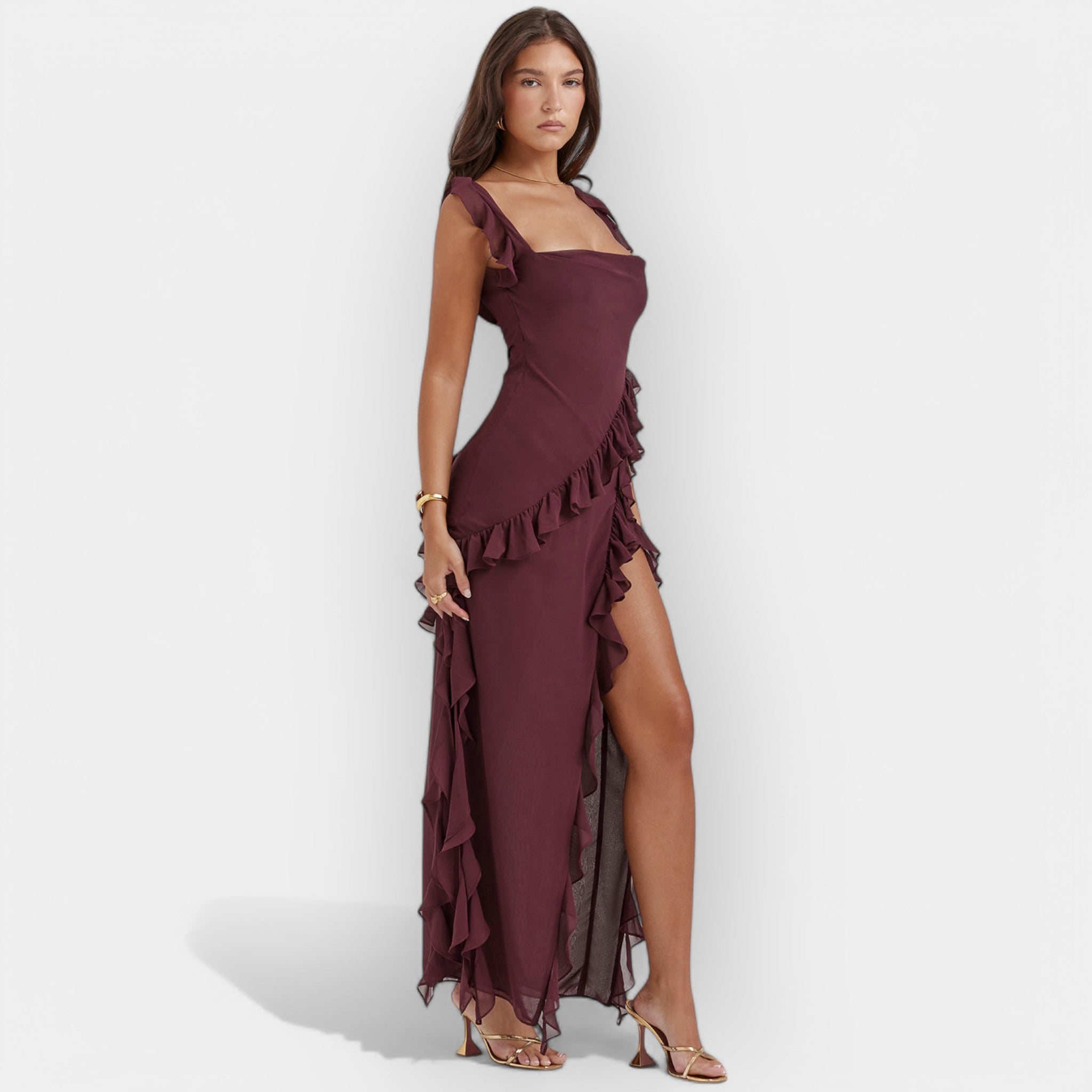 Dress with Slit and Ruffled Details