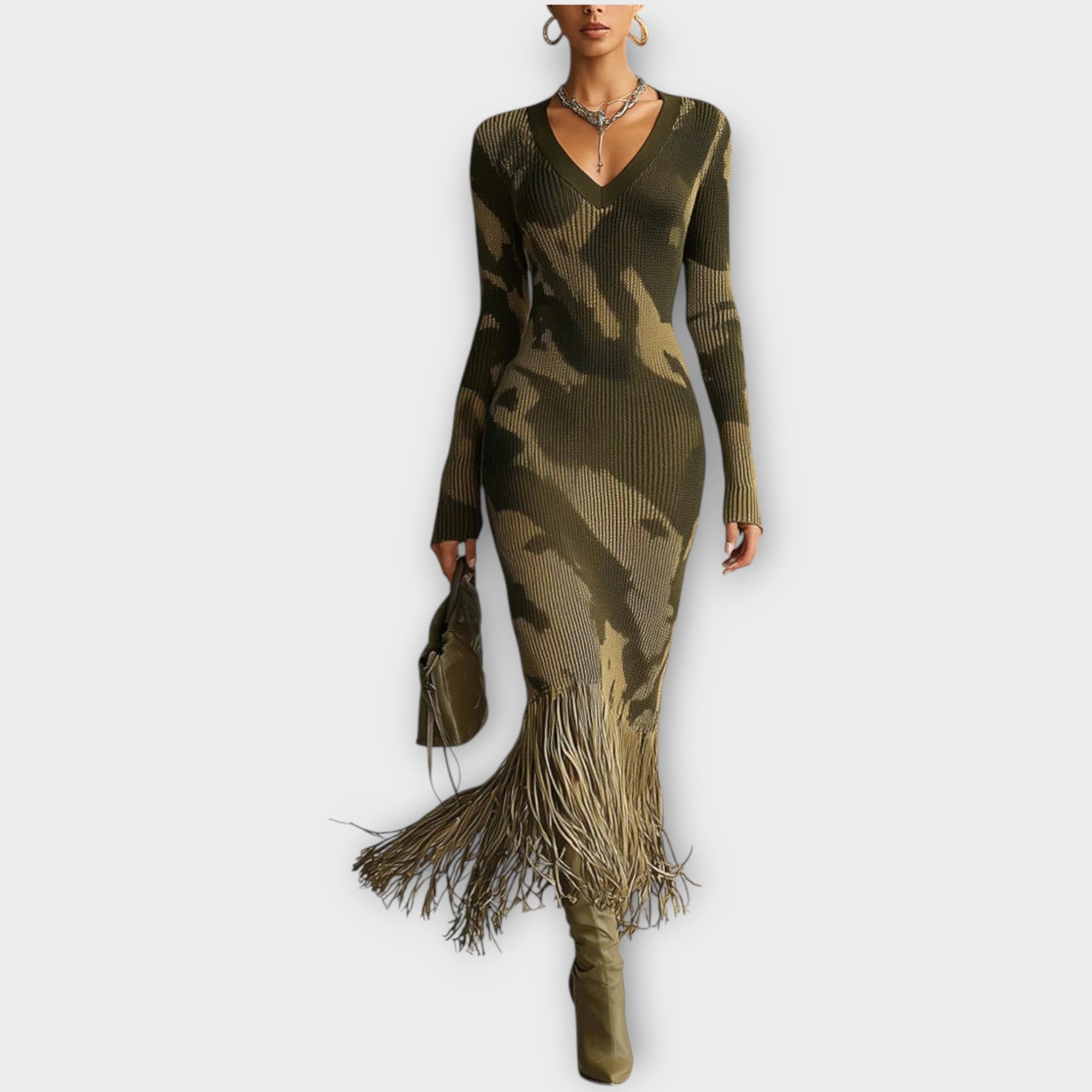 Fringe Hem Knit Maxi Dress