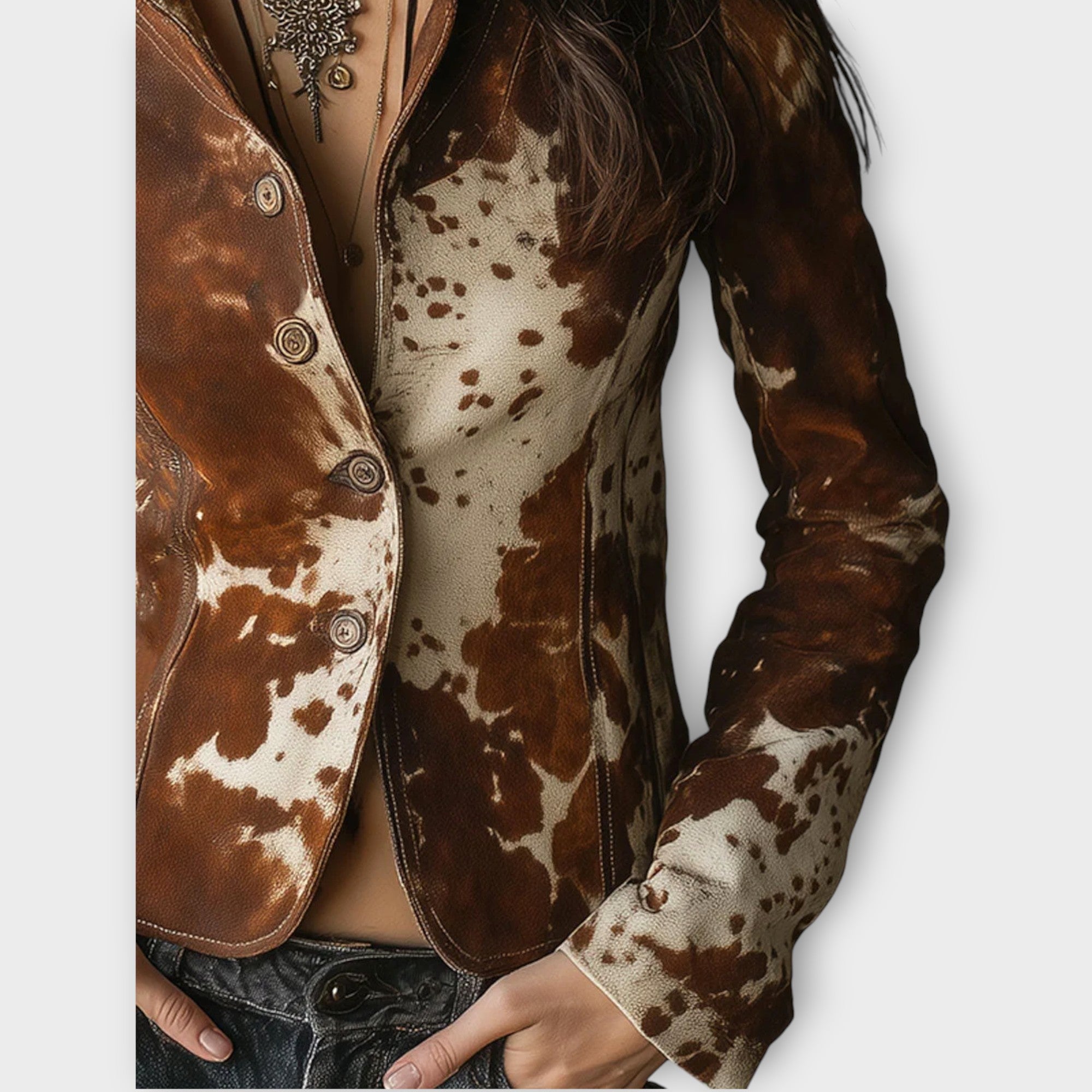Vintage Western Cowhide Print Suede Jacket