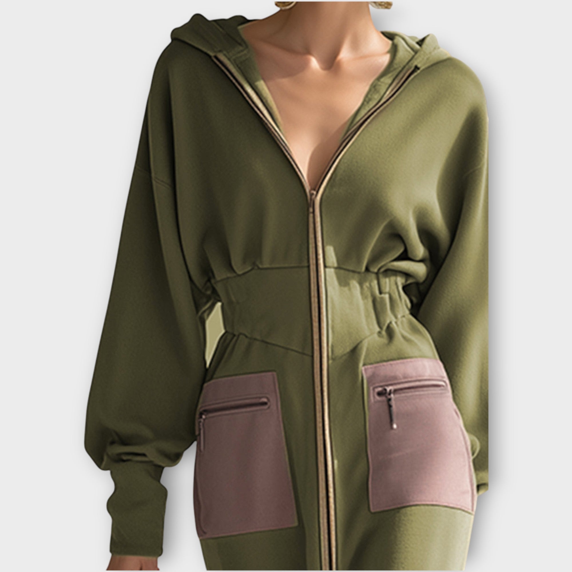 Zip-Up Maxi Dress with Contrast Pockets