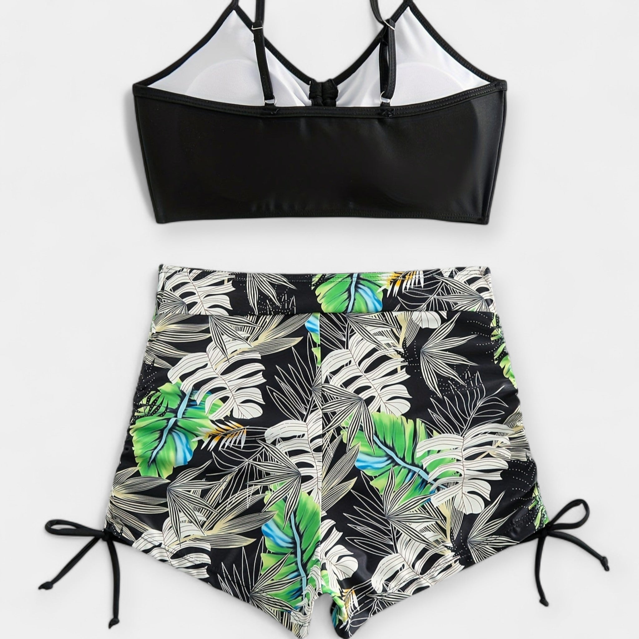 High-Waisted Bikini with Tropical Print and Straps