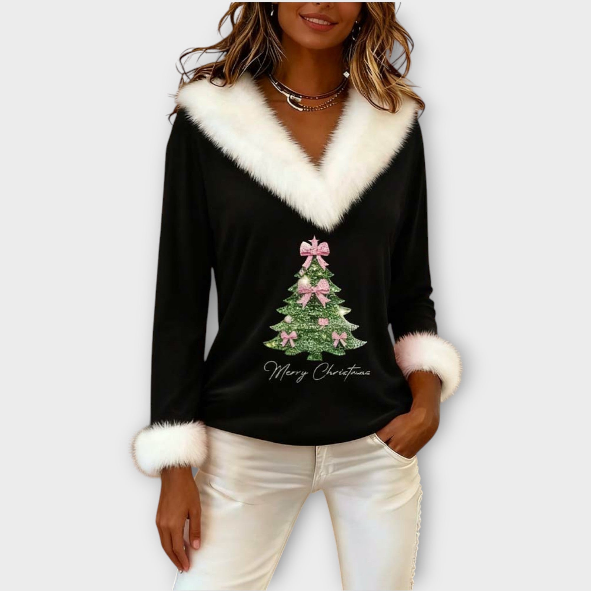 Merry Christmas Fur-Trim V-Neck Top