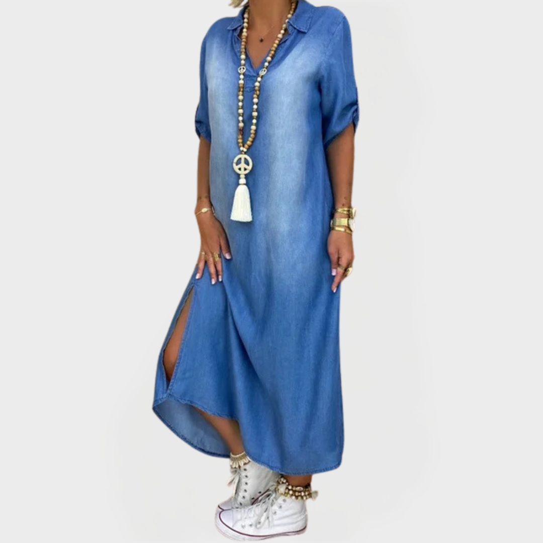 Long Denim Dress with Side Slits