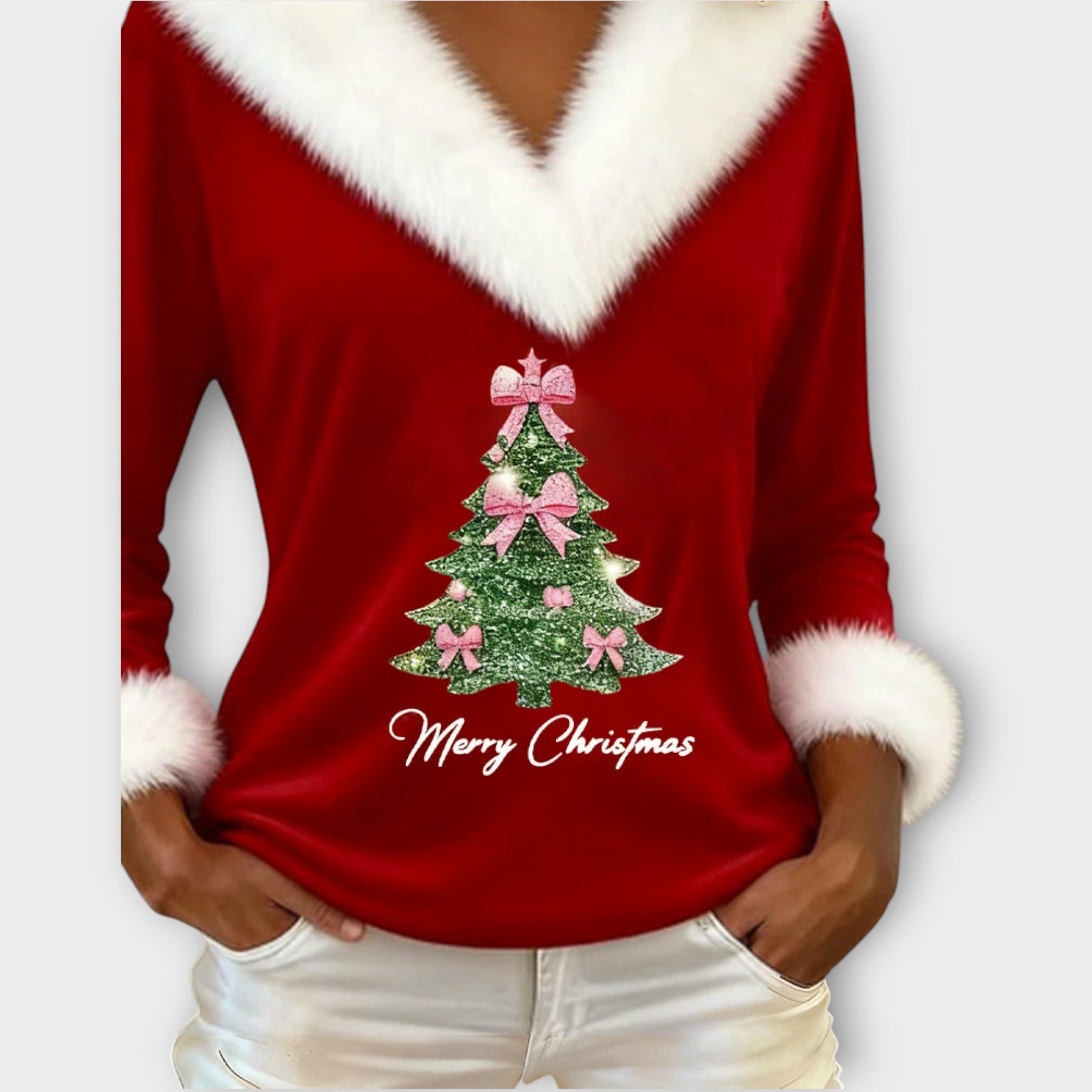 Merry Christmas Fur-Trim V-Neck Top
