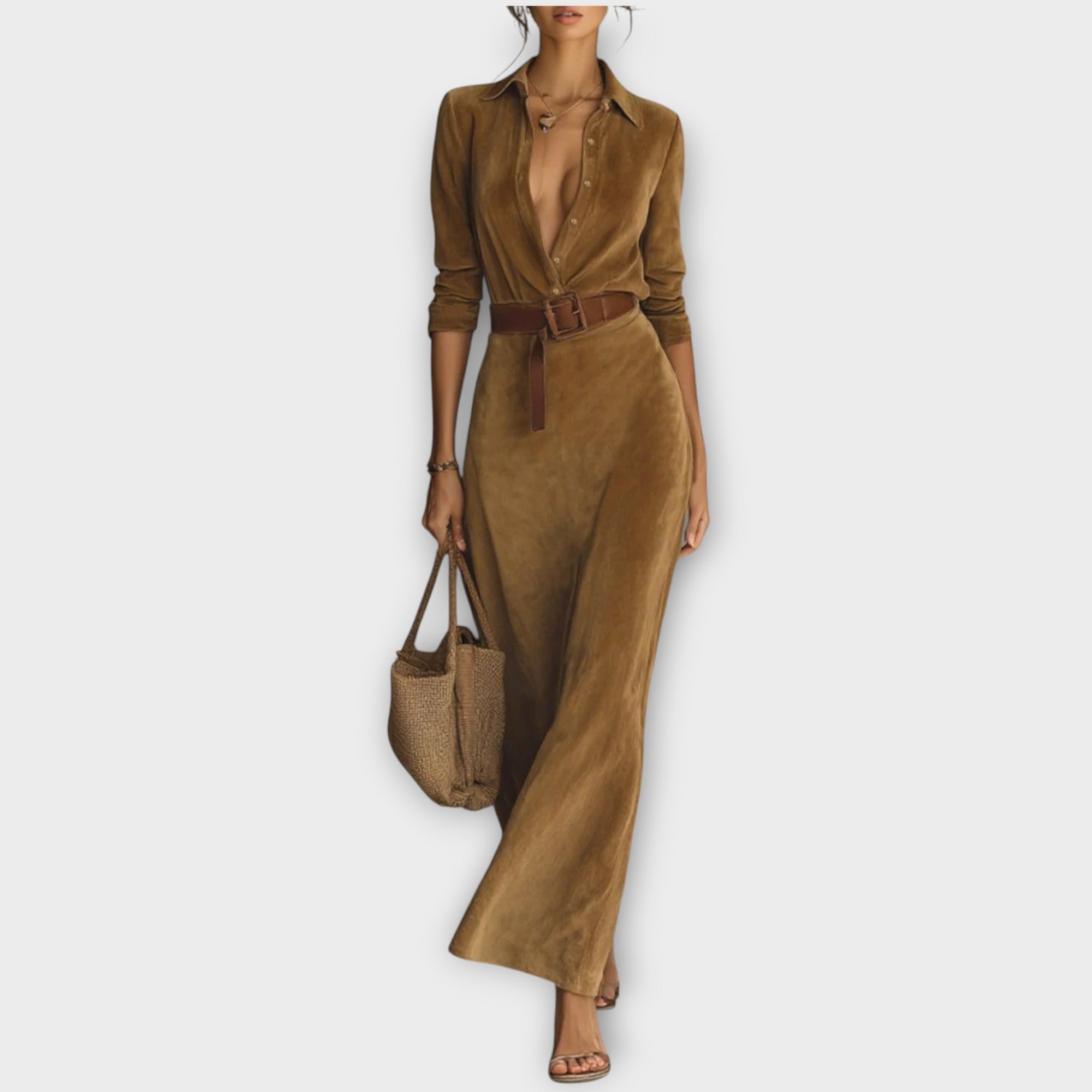 Elegant Belted Suede Maxi Dress