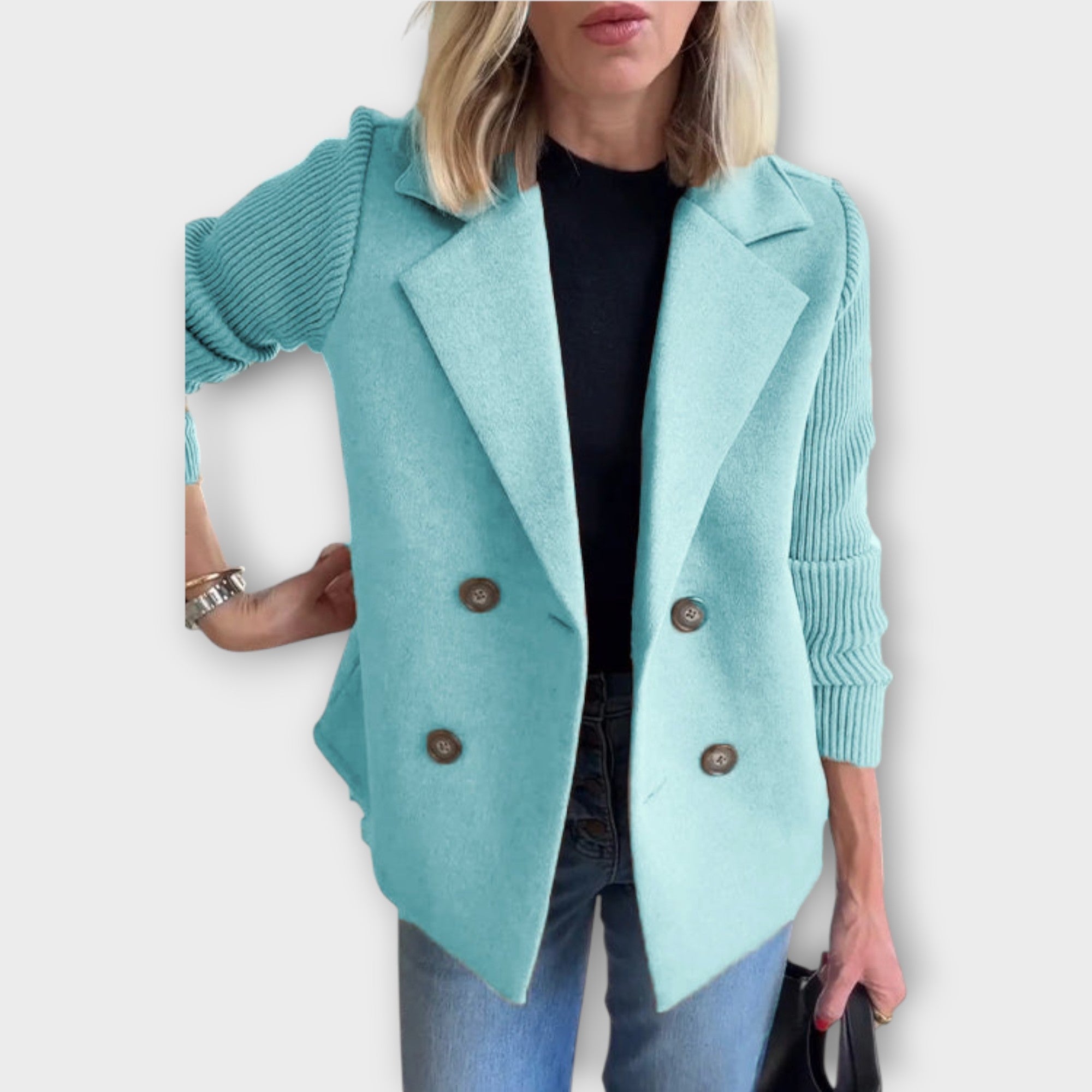 Double-Breasted Knit-Sleeve Blazer