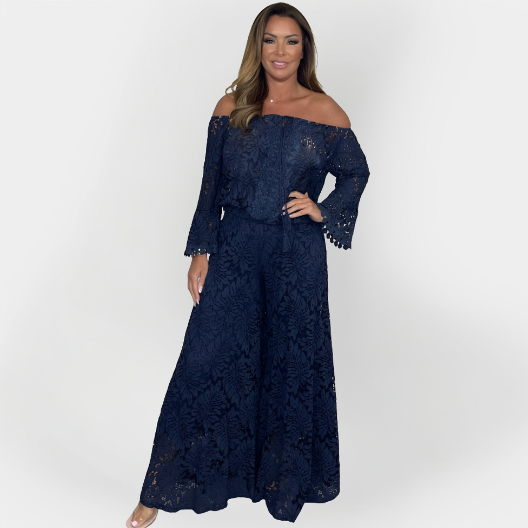 Full-Length Jumpsuit with Off-Shoulder Design and Lace