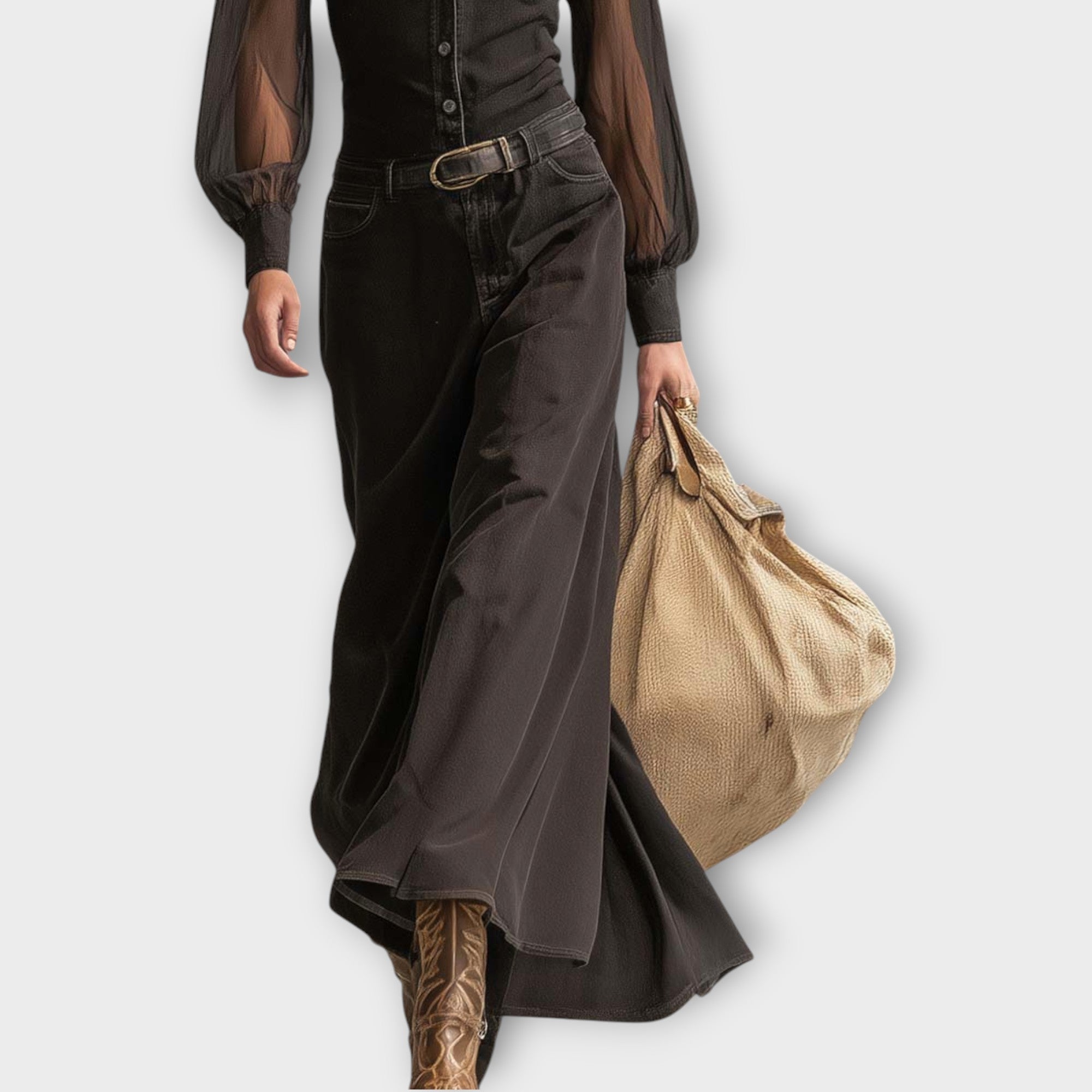 Sheer Sleeve Button-Front Maxi Dress