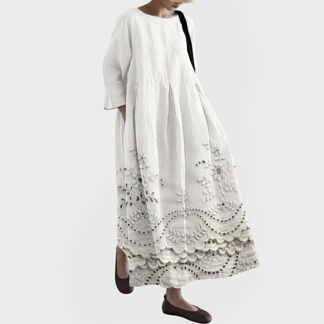 Elegant Maxi Linen Dress with Embroidered Floral Lace