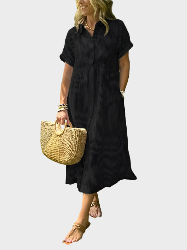 Striped Shirt Dress with Flaps, Buttons and Functional Pockets