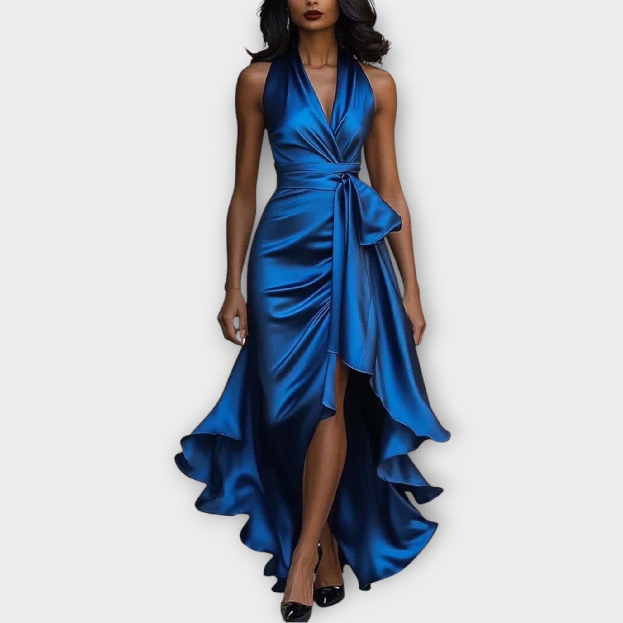 Satin Halter Gown with Draped Waist Tie