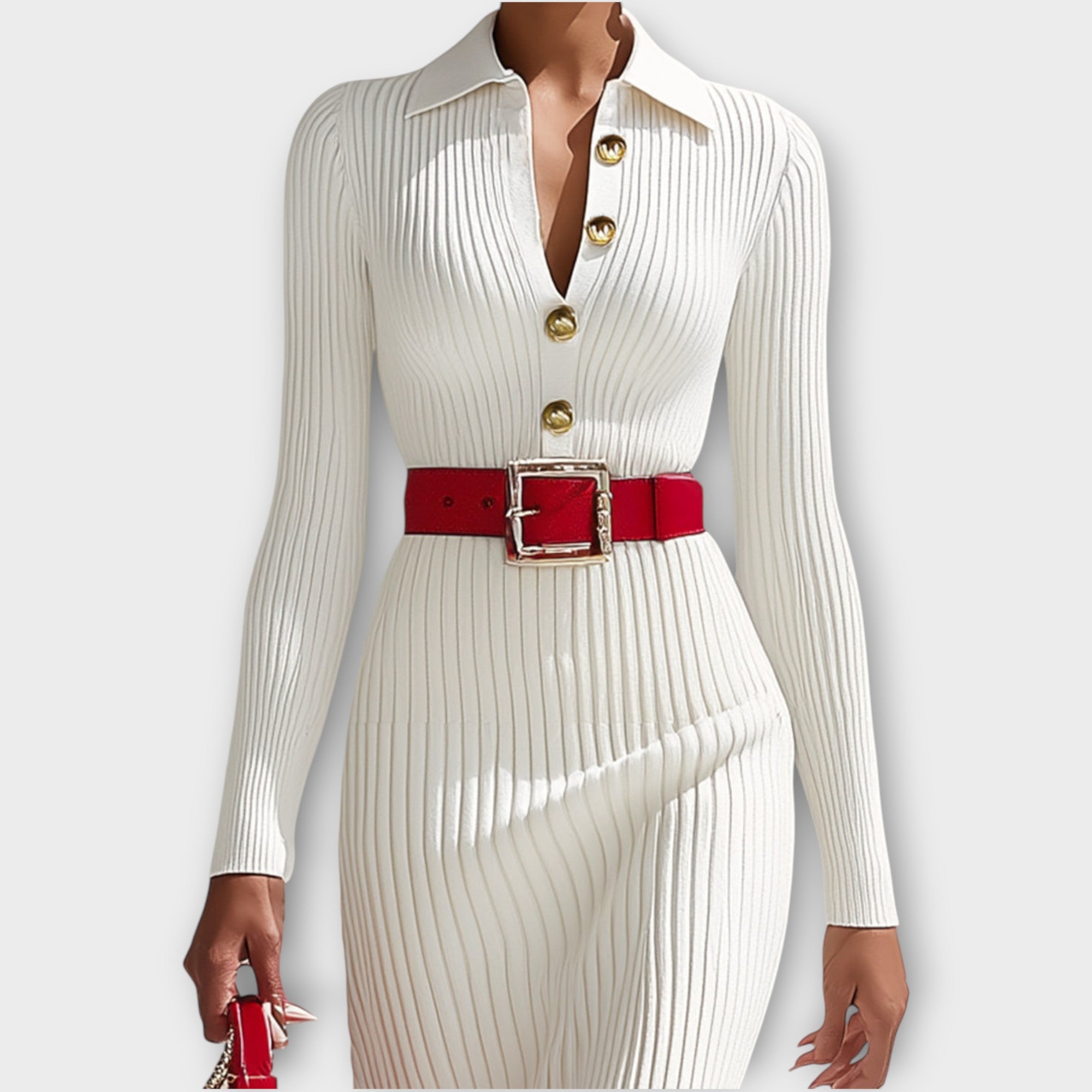 Elegant Ribbed Knit Midi Dress with Gold Button Detail