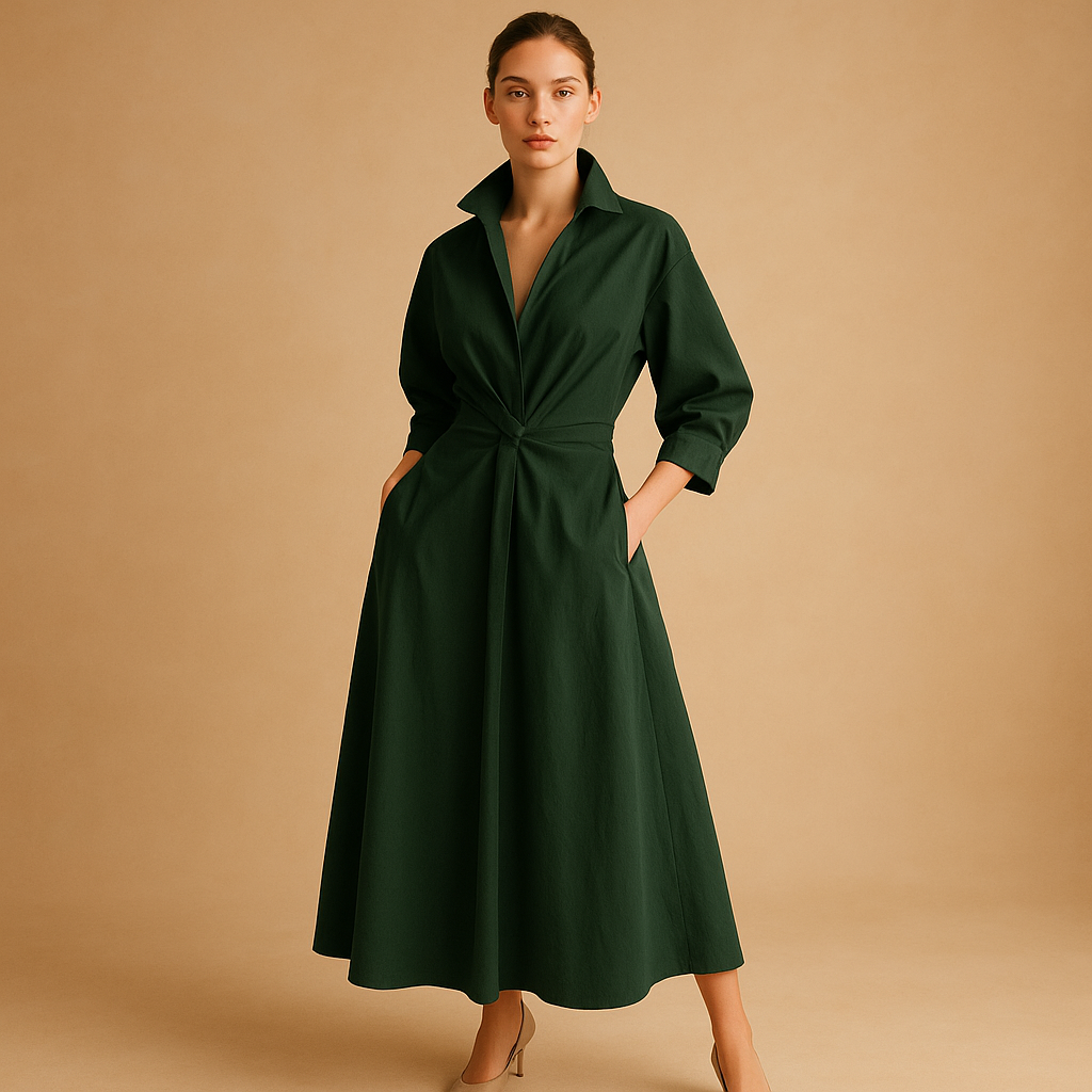 Elegante maxijurk voor dames met lange mouwen, V-halslijn en opvallende print, perfect voor seizoenswisselingen en formele gelegenheden.